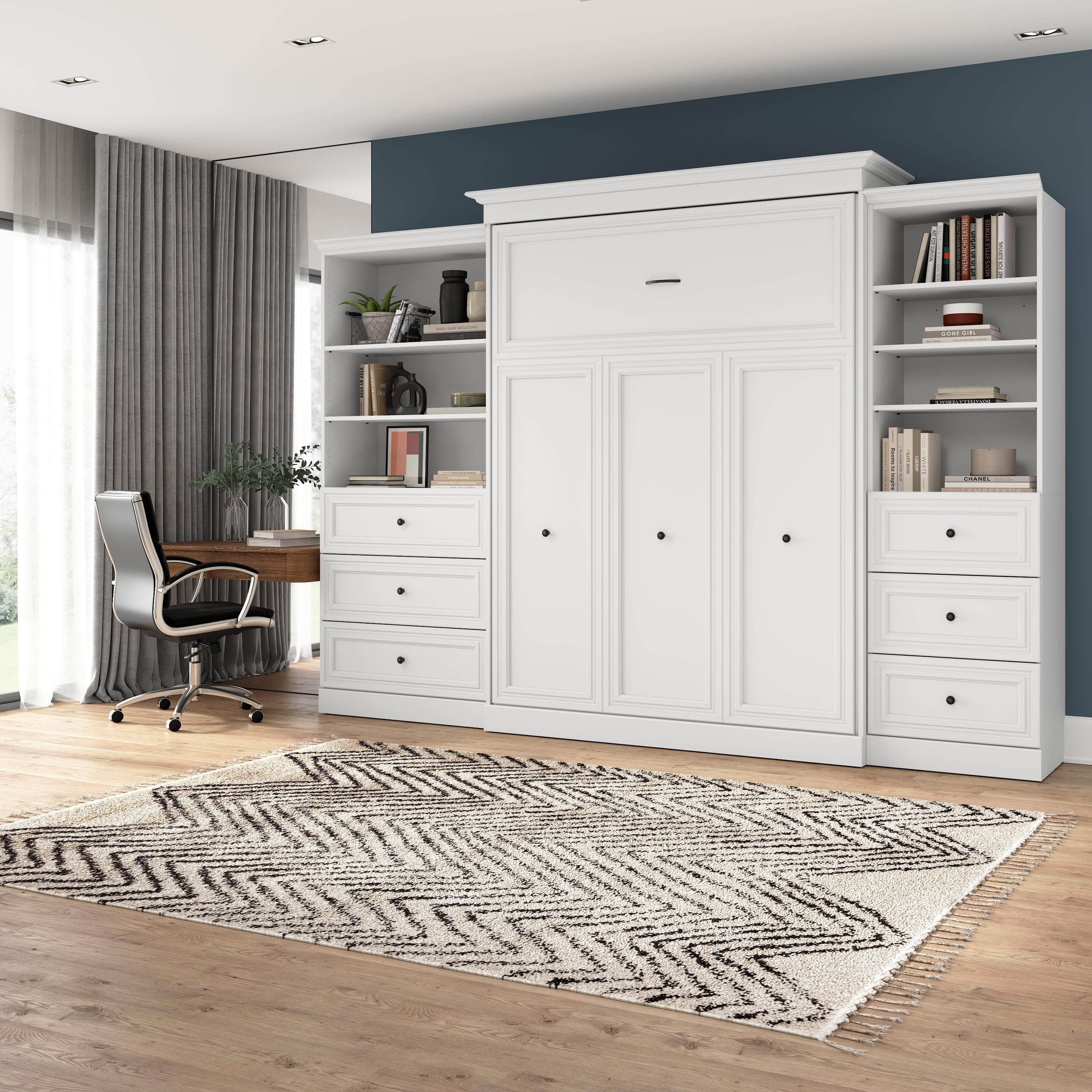 White Queen Murphy Wall Bed with Closet Organizers & Drawers - Space Saving Foldable Bed for Small Apartments, Guest Rooms & Home Offices