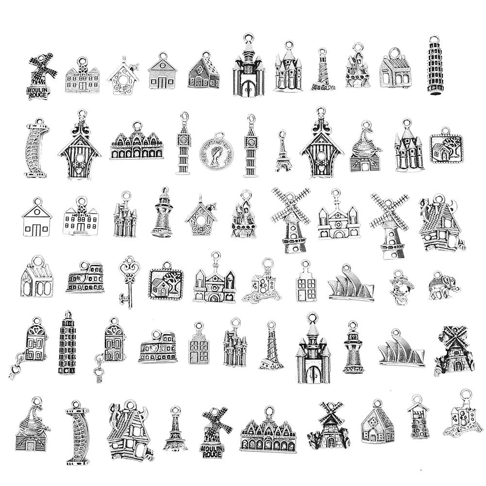 60pcs Alloy Pendants for Jewelry Making - Architectural Pattern Charms for Necklace, Bracelet & Earring DIY - Perfect for Crafts, Scrapbooking & Fashion Accessories