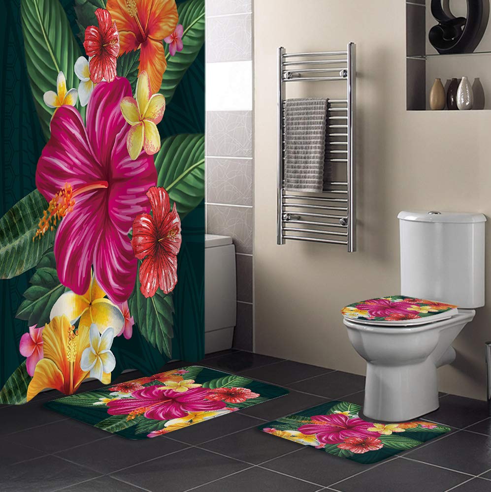 Non-Slip 4-Piece Bathroom Set - Waterproof Hibiscus Plumeria Shower Curtain, Bath Mat, Toilet Lid Cover & Rugs | Flower-Themed Bath Accessories for Tub Safety & Decor | Perfect for Spa-Like Showers & Guest Bathrooms