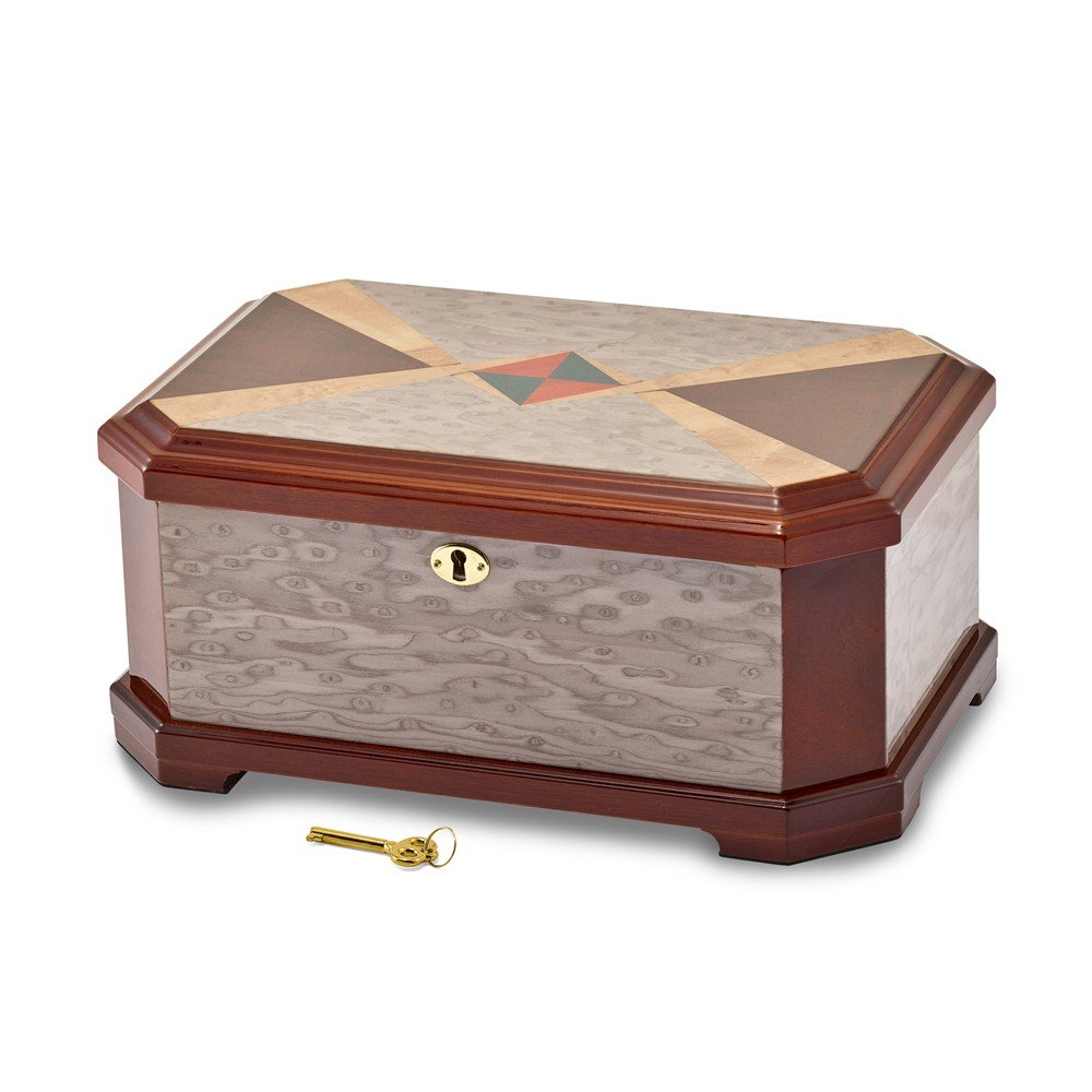 Exquisite Cat Eye Burl Wood Jewelry Box with Blue & Red Inlay - Glossy Finish for Jewelry Storage, Gift Giving & Home Décor