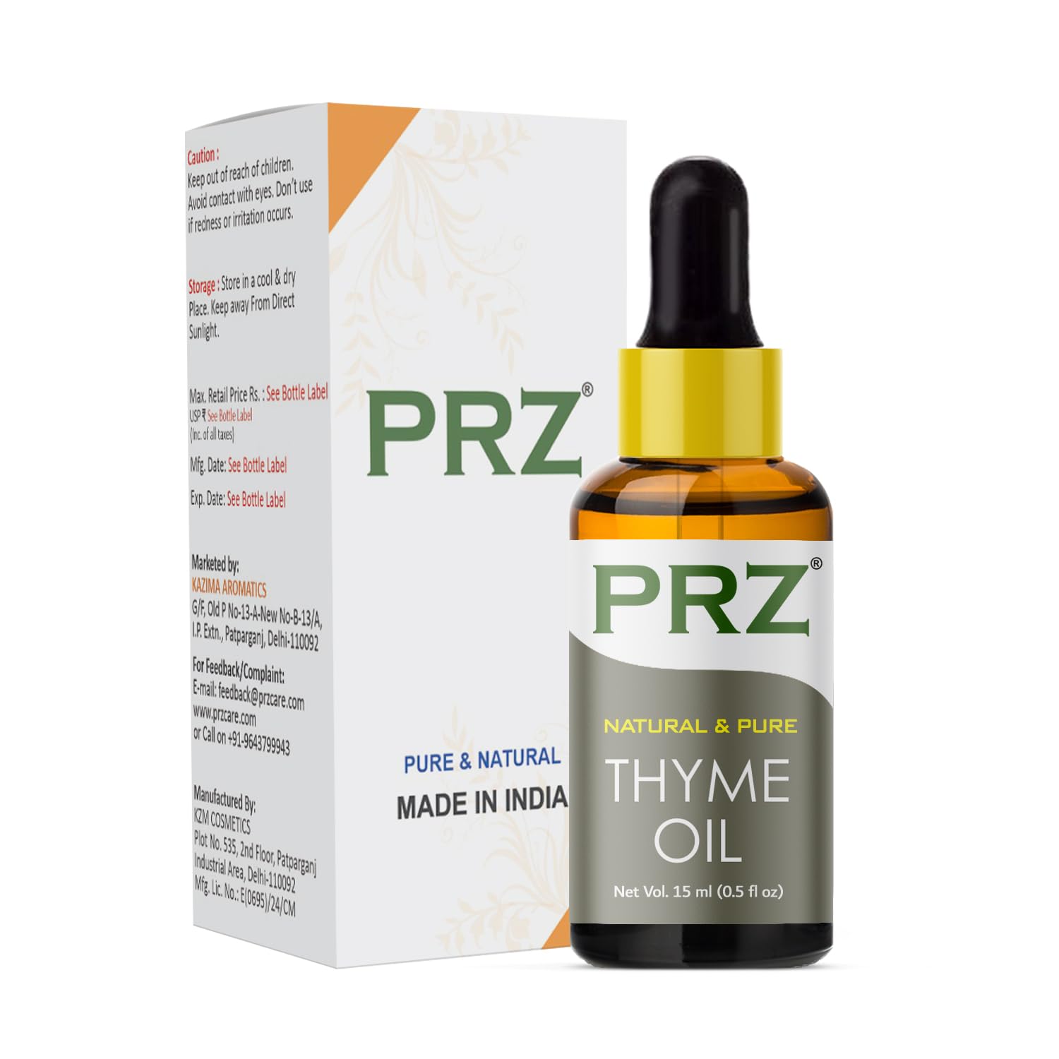 PRZ Pure Natural Thyme Essential Oil - 100% Therapeutic Grade for Aromatherapy, Skin & Hair Care, 15ml - Perfect for Diffusers, Massage & DIY Beauty Products