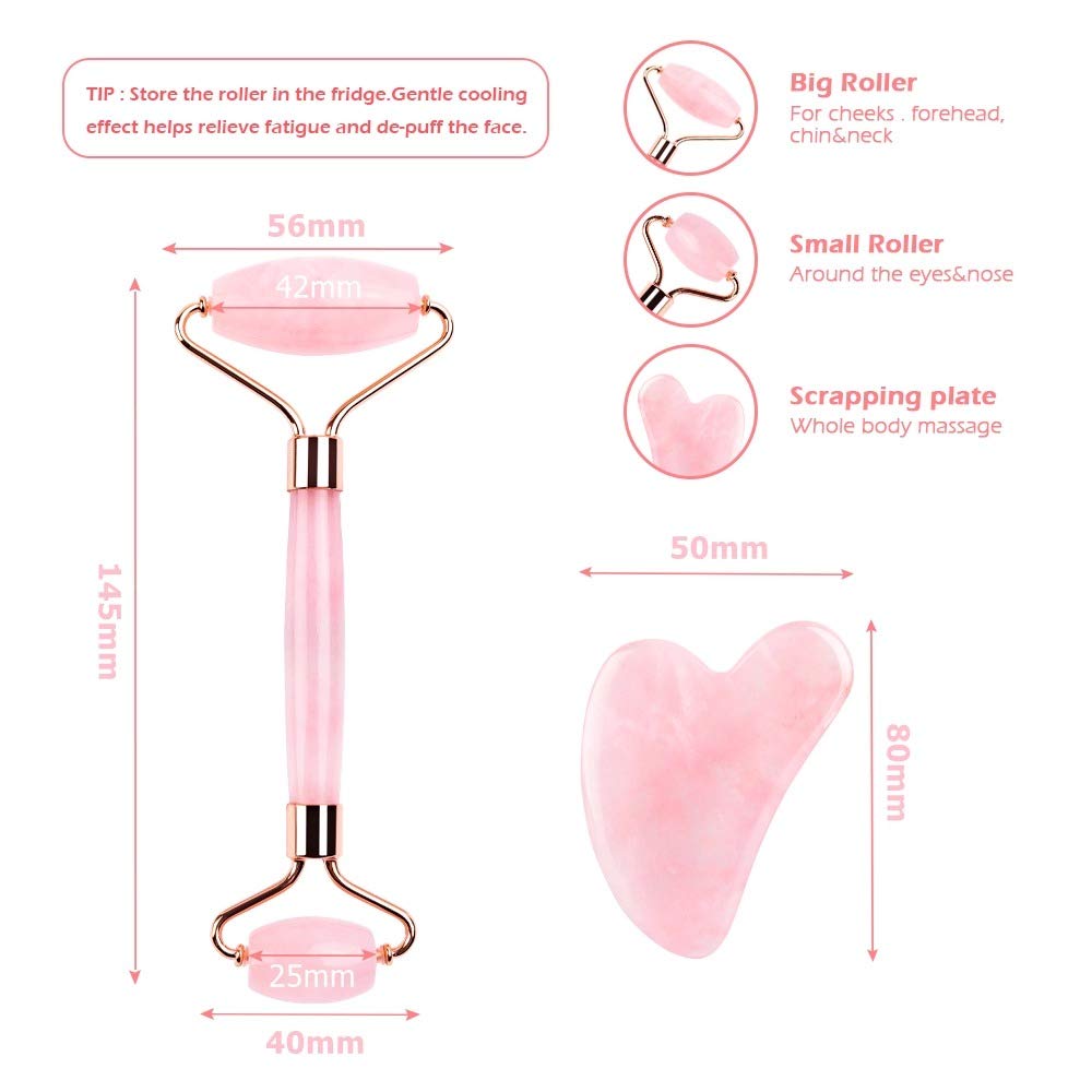 Vinayakart Rose Quartz Face Roller Set with Natural Stone Massage Tool - Rose Gold Facial Massager for Skin Care, Anti-Aging & Lymphatic Drainage | Perfect for Home Spa, Self-Care Routine & Gift Giving