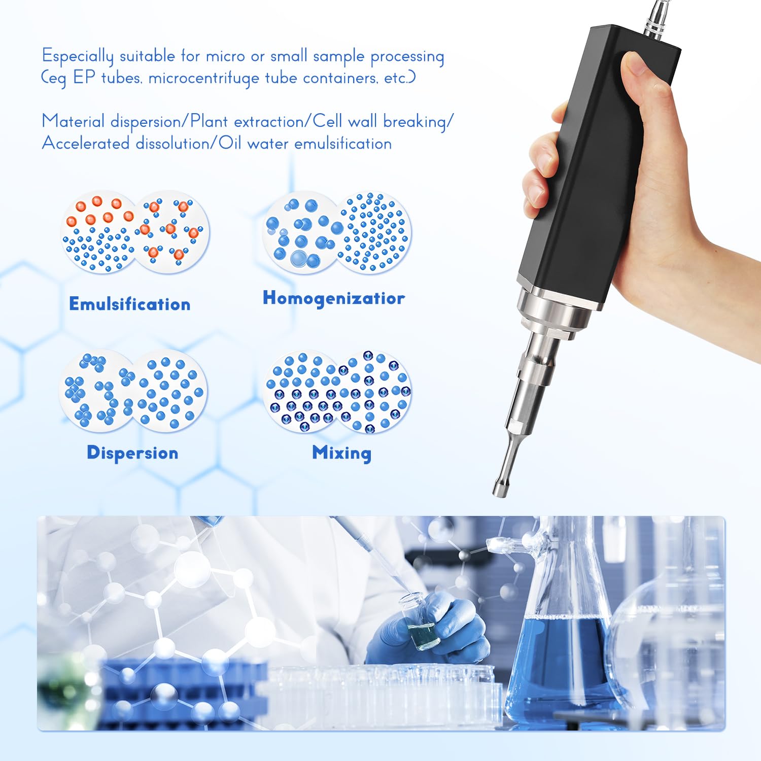 CGOLDENWALL 300W Handheld Ultrasonic Homogenizer - Portable Sonicator for Cell Disruption, Mixing & Emulsifying (30mL-200mL Capacity) - Ideal for Lab Research, Cosmetics & Food Processing - Black