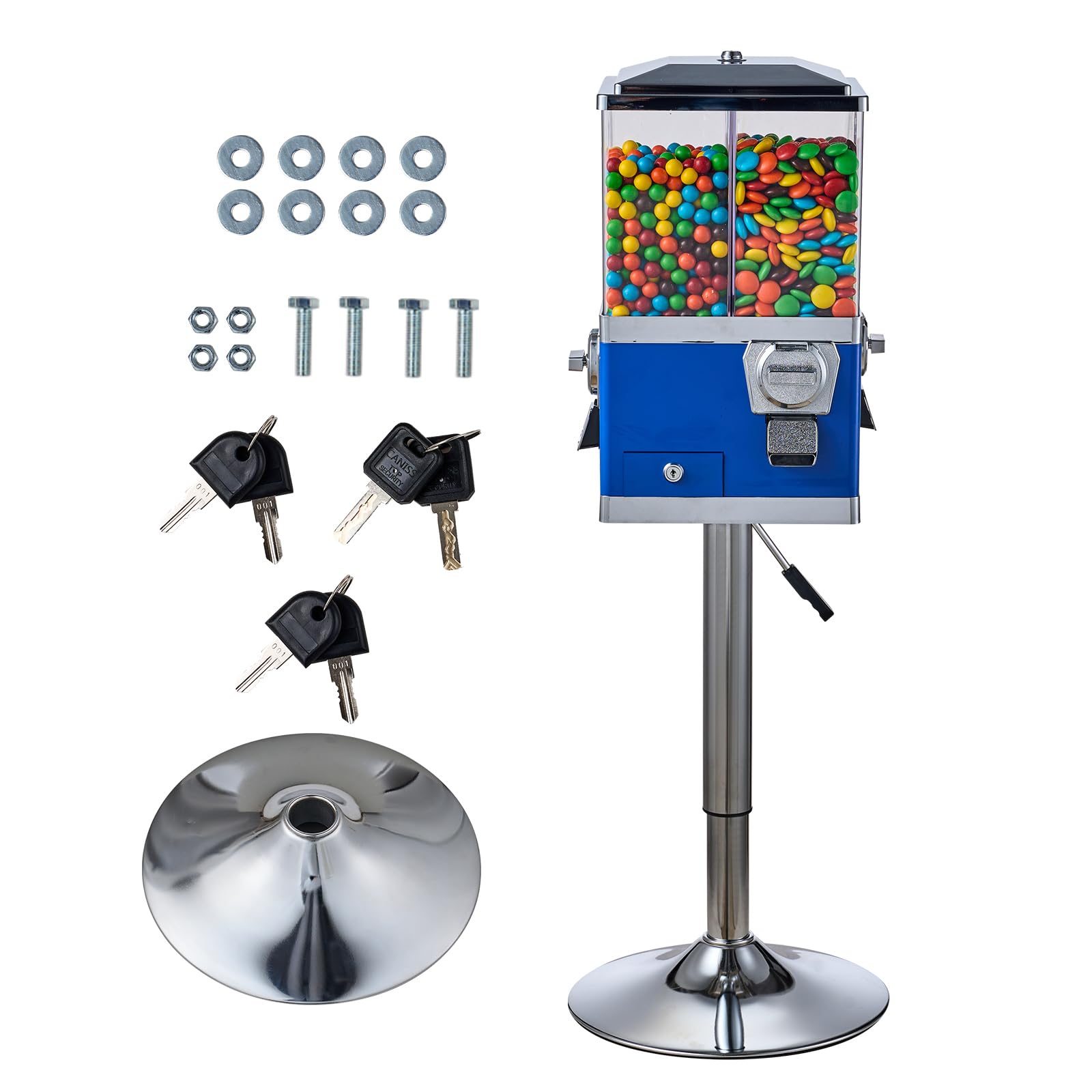 VEVOR Commercial Vending Machine - 4 Compartment Rotatable Gumball & Candy Dispenser with Adjustable Height & Iron Stand | Coin Operated for Gumballs, Candy, Toy Capsules, Bouncy Balls, Nuts | Perfect for Retail Stores, Arcades, Restaurants & Business Use (Blue)
