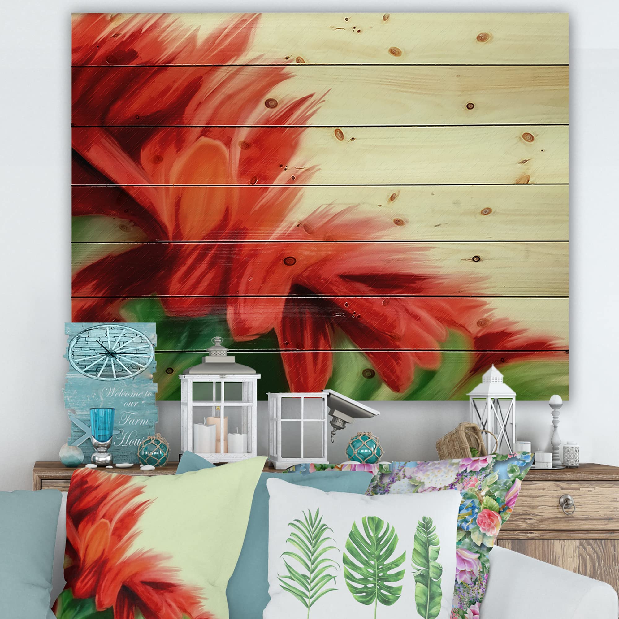 Traditional Red Floral Wood Wall Decor - Handcrafted Pine Wood Art Panel with Green Background - Large Botanical Wall Art for Living Room, Bedroom & Home Decor