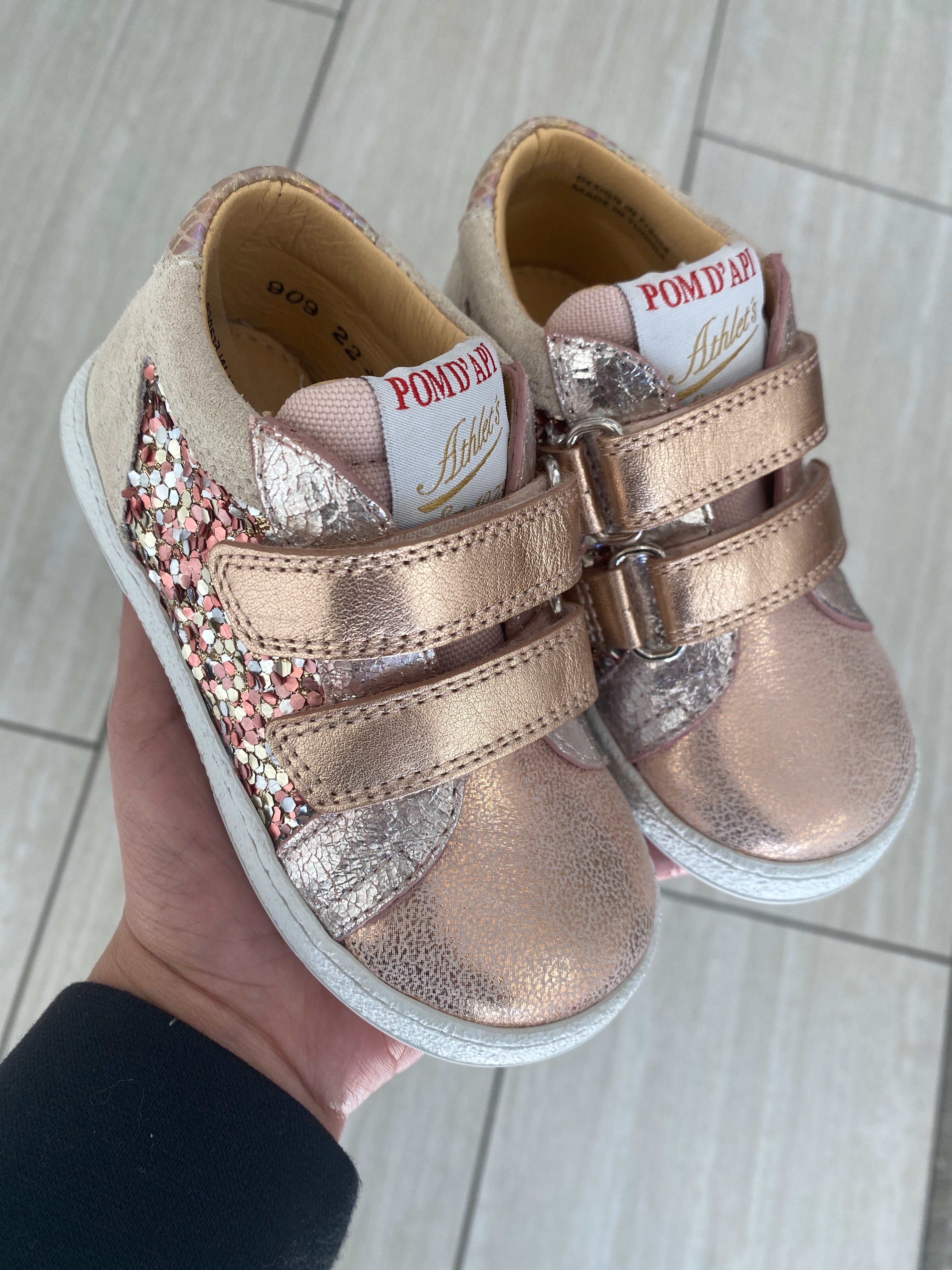 Pom D'Api Pink Glitter Baby Sneakers - Cute Sparkly First Walkers for Girls & Toddlers | Perfect for Special Occasions, Birthday Parties & Photo Shoots