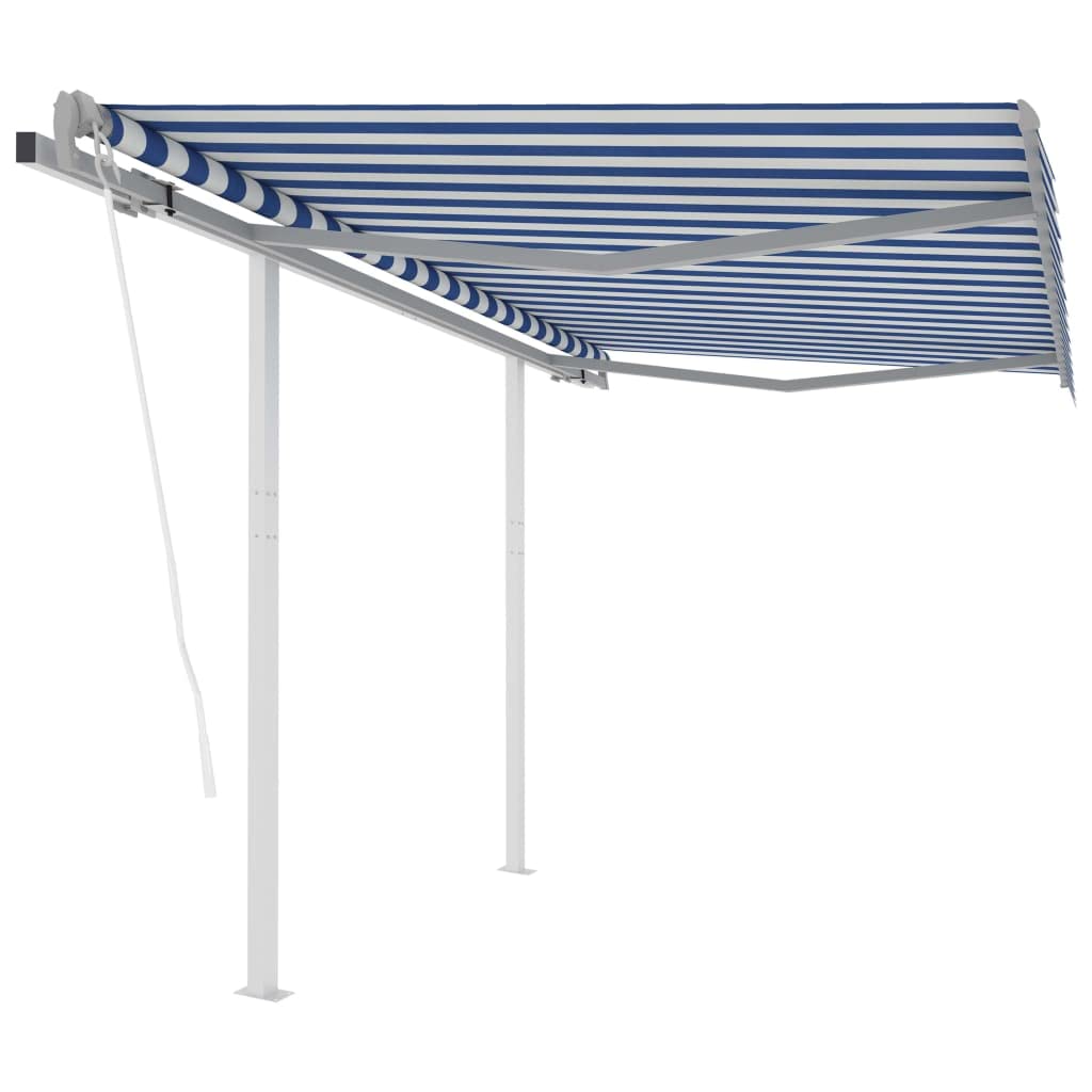 Automatic Retractable Patio Awning 9.8'x8.2' - Half Cassette Sun Shade Canopy with Posts for Door, Window & Outdoor Spaces (Blue & White) - Perfect for Backyard, Deck, and Poolside Sun Protection