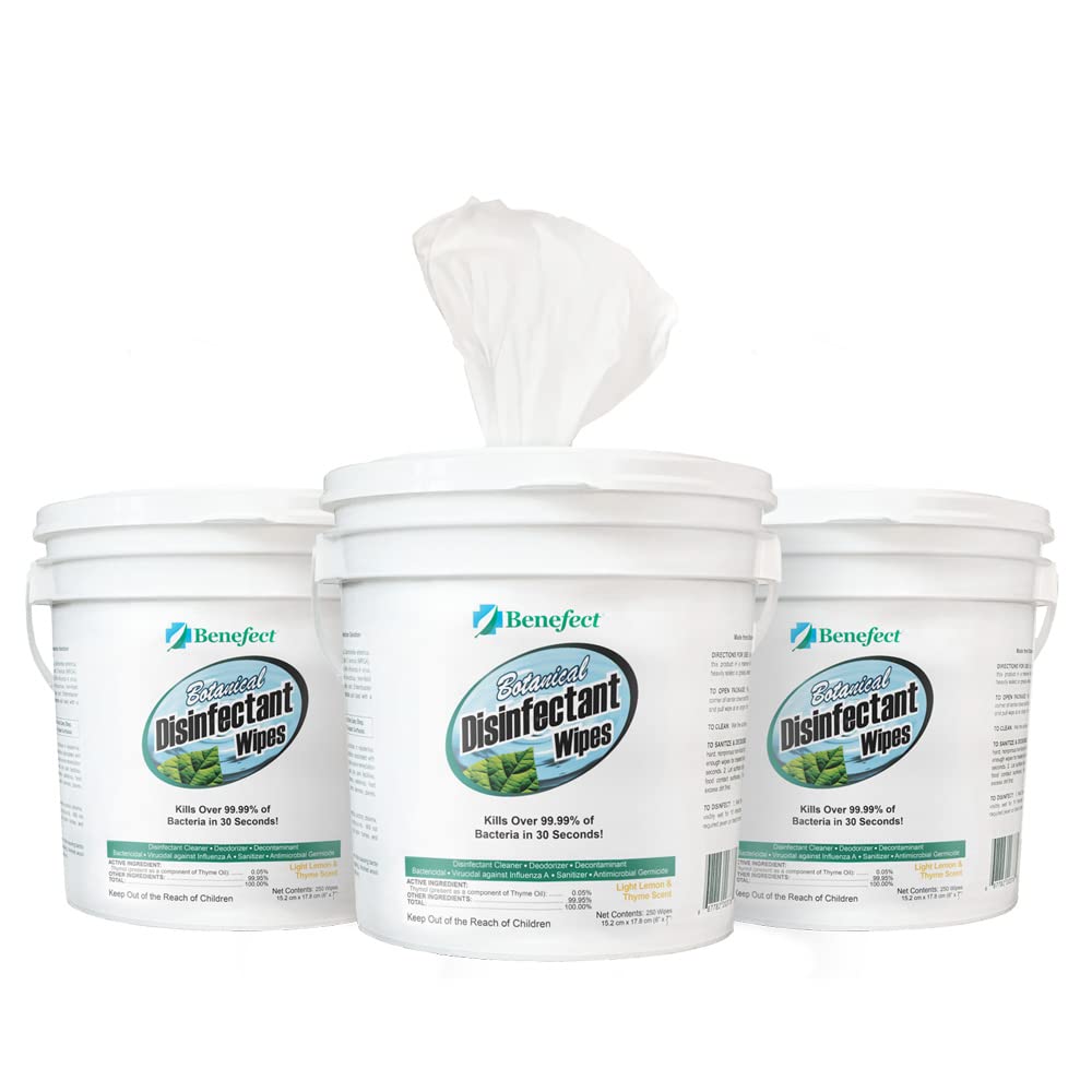 Benefect Botanical Disinfectant Wipes - 750 Count (3 Packs of 250) | All-Natural Sanitizing Wipes for Gym Equipment, Schools & Food Safe Cleaning | Kills 99.9% Germs | Eco-Friendly & Non-Toxic Disinfectant Wipes for High Traffic Areas
