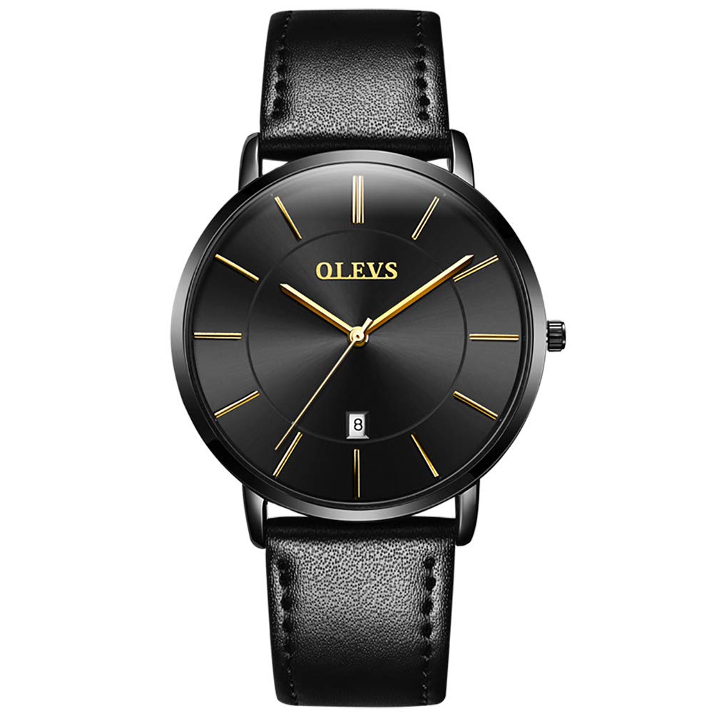 OLEVS Men's Ultra Thin Minimalist Dress Watch - Slim Analog Quartz Watch with Date, Big Face & Leather Band - Waterproof Casual Wristwatch for Business, Office & Formal Occasions