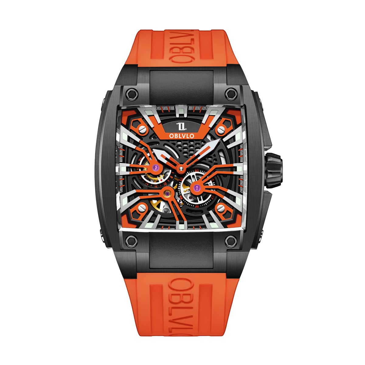 OBLVLO Men's Automatic Watch - Super Luminous Skeleton Dial, Luxury Square Sports Watch with Rubber Strap, Mechanical Movement | Perfect for Business, Casual Wear & Nighttime Visibility