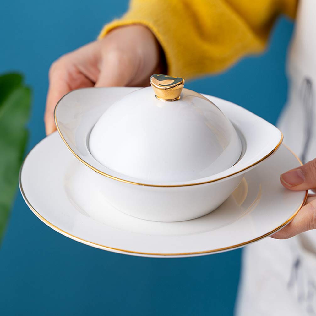 DOITOOL Ceramic Soup Bowl with Lid - 16oz Porridge, Noodle, Dessert Bowl - Microwave & Oven Safe - Includes Sauce Spoon - Perfect for Home, Kitchen & Restaurant Use - Great for Steaming Eggs, Serving Soup & Oats