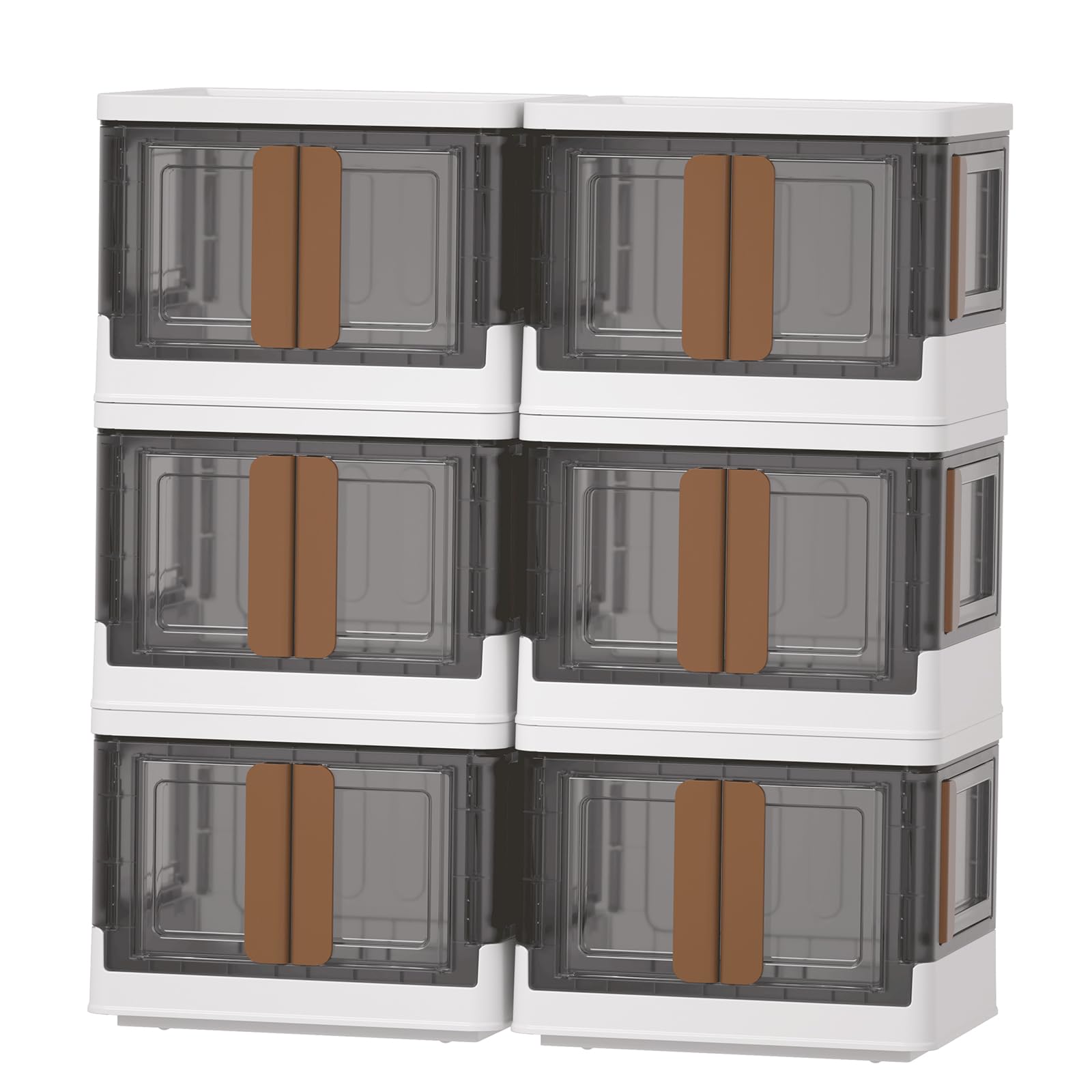 HAIXIN 6-Pack Folding Storage Bins with Left & Right Opening Doors - 6.86 Gal Stackable Plastic Shelves Organizer for Pantry, Bookcase & Room Organization | Space-Saving Cabinet for Home, Office & Closet Storage
