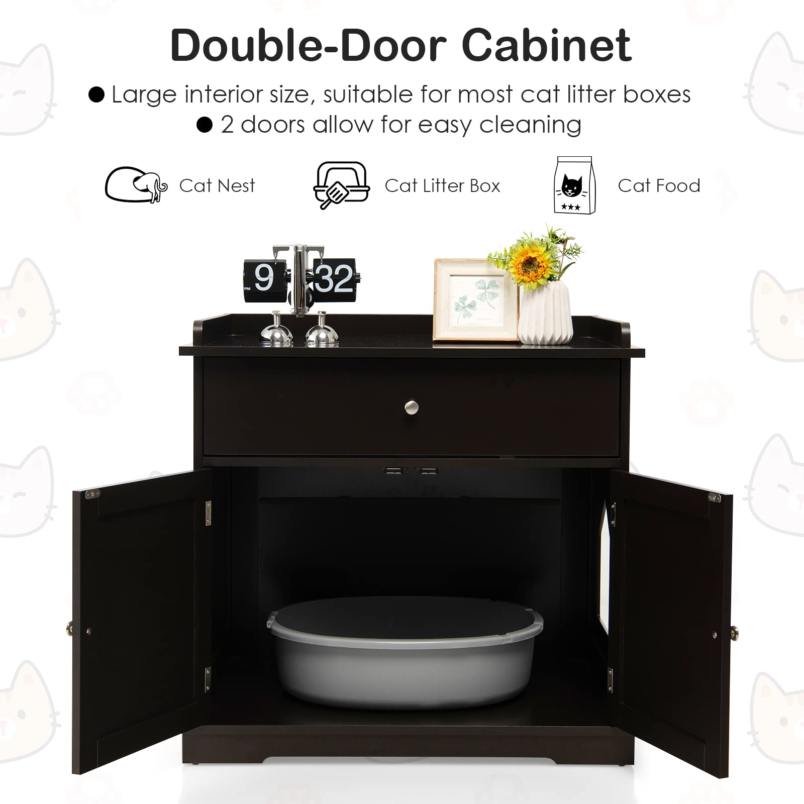 PETSITE Large Cat Litter Box Enclosure - Wooden Cat Washroom End Table with Drawer & 2 Doors, Hidden Litter Box Furniture Storage Cabinet for Home Decor (Brown) | Perfect for Small Spaces & Multi-Cat Households