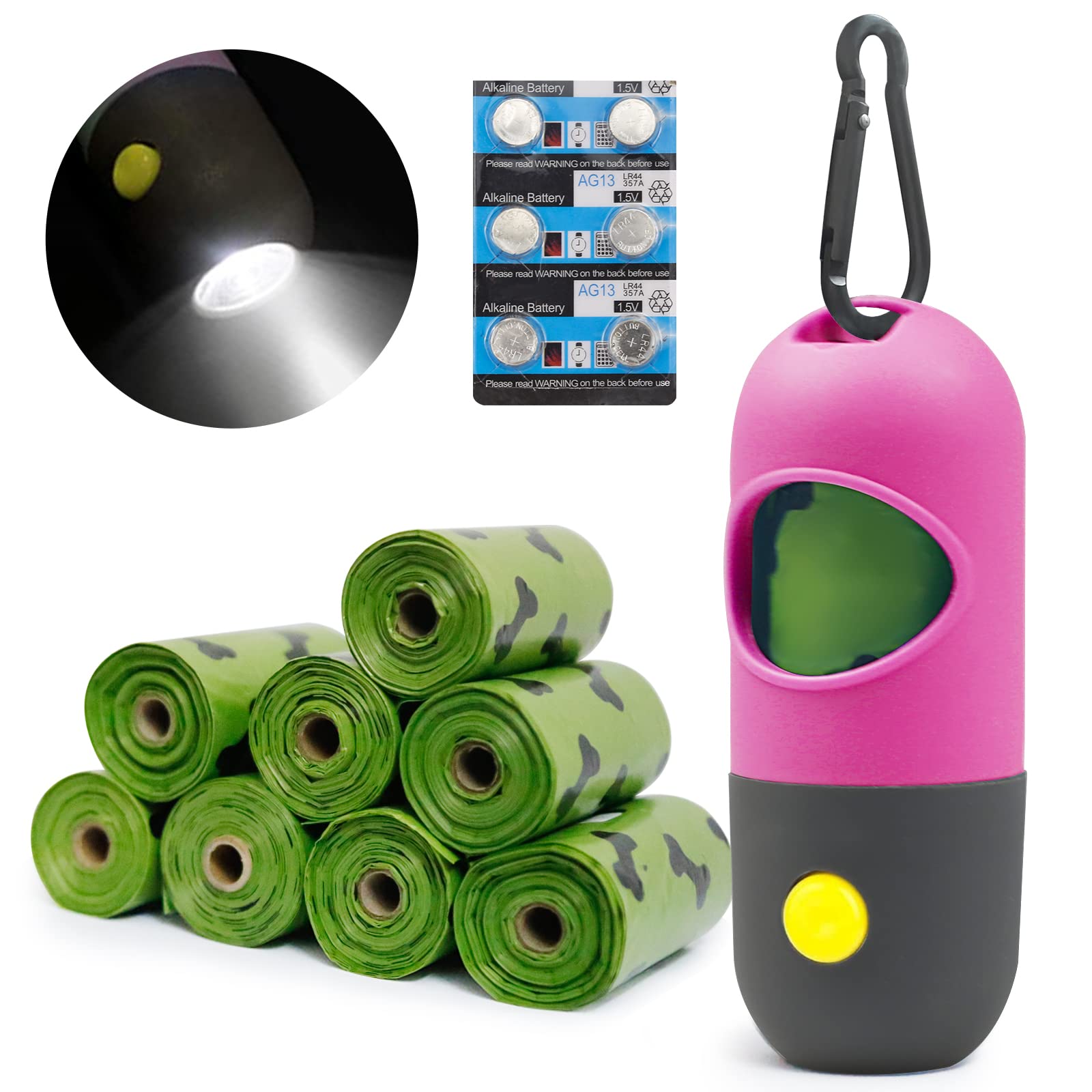 **Eco-Friendly Dog Poop Bags Dispenser with LED Flashlight & 8 Rolls Waste Bags – Leash Clip Holder for Easy Dog Walking – Perfect for Park, Hiking & Night Walks**