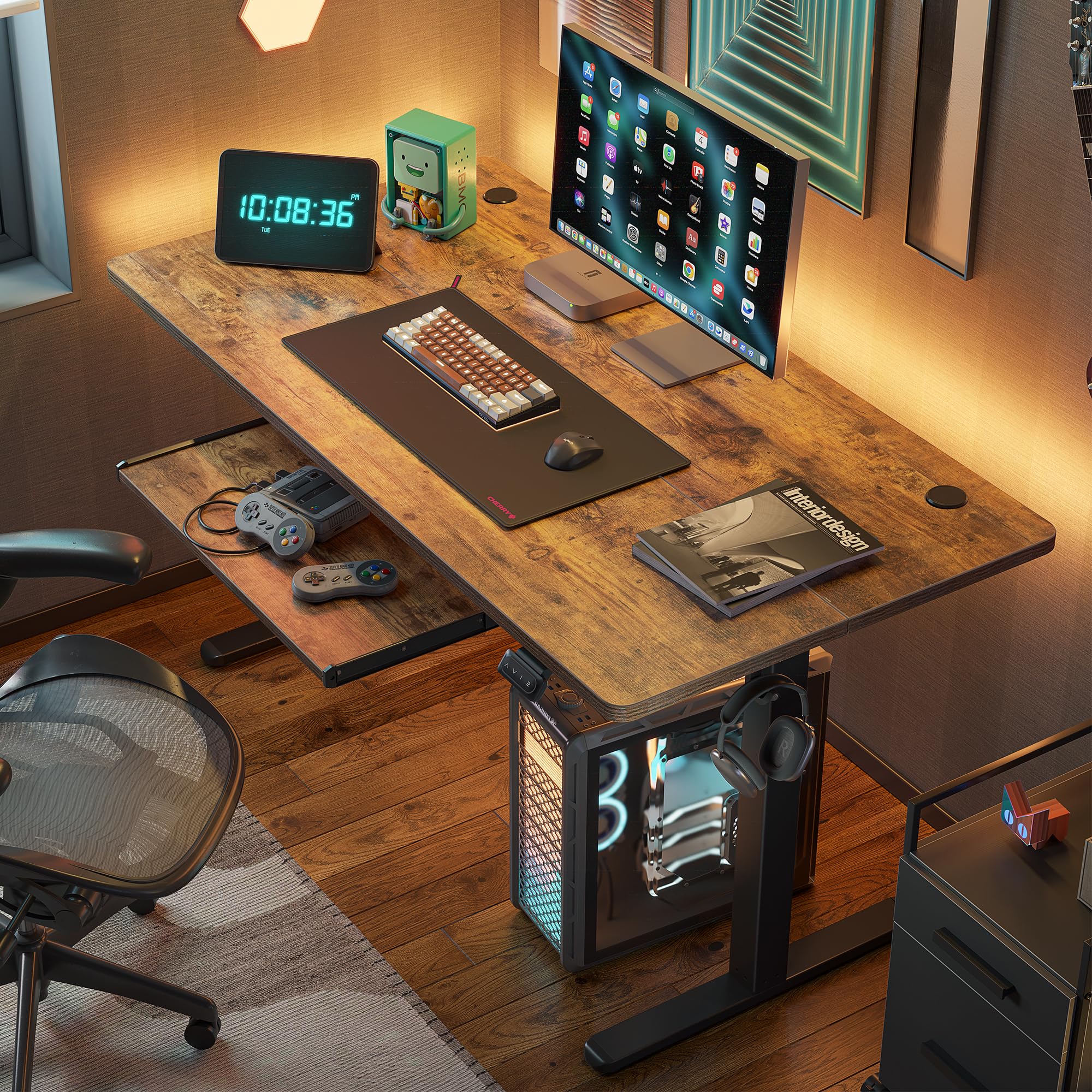FEZIBO Electric Height Adjustable Standing Desk with Keyboard Tray - 40 x 24 Inches Sit Stand Computer Desk for Home Office (Rustic Brown) | Ergonomic Workstation for Remote Work & Gaming Setup