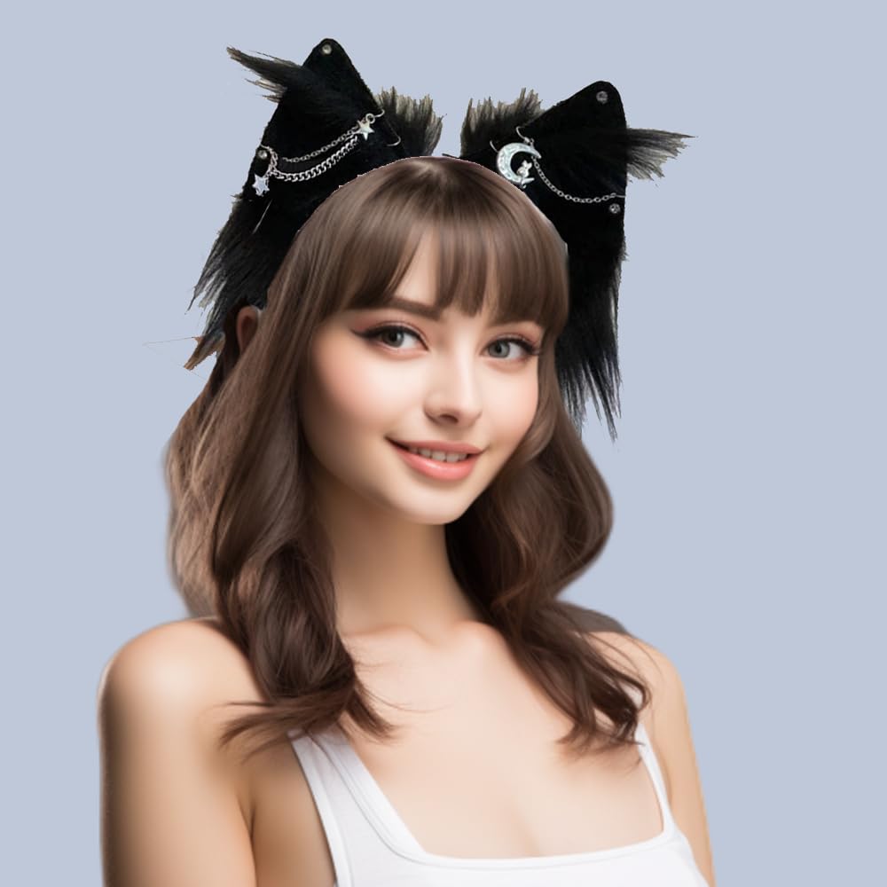 VIGVAN Gothic Punk Cat Ears Headband - Black Cross Cat Ear Hair Clips for Women | Perfect for Halloween Costumes, Cosplay, Anime Conventions & Gothic Fashion