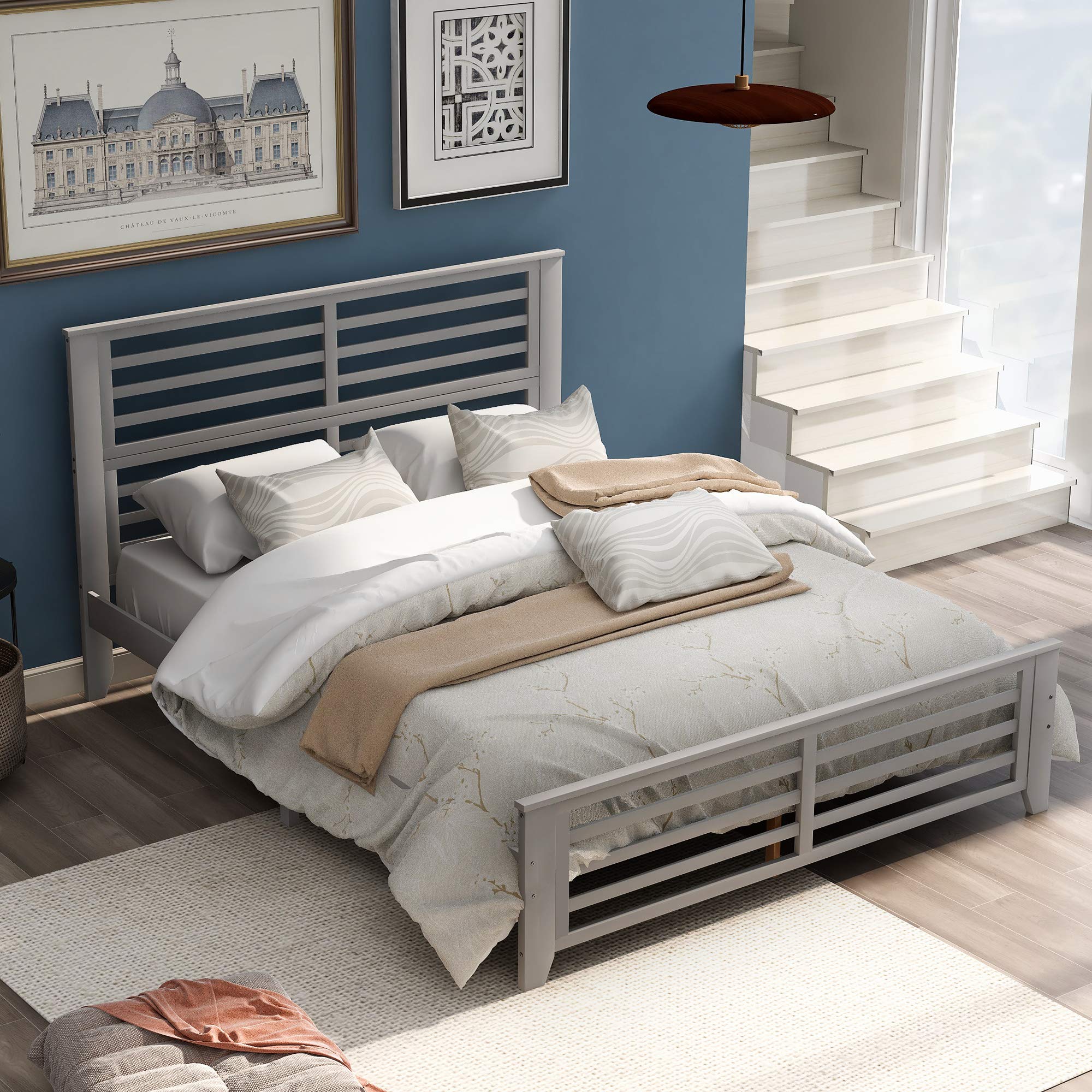 KLMM Solid Wood Platform Bed Frame with Headboard & Footboard - Queen Size, Gray - Heavy Duty Center Support & Wood Slats for Mattress - Easy Assembly for Bedroom, Guest Room, Dorm