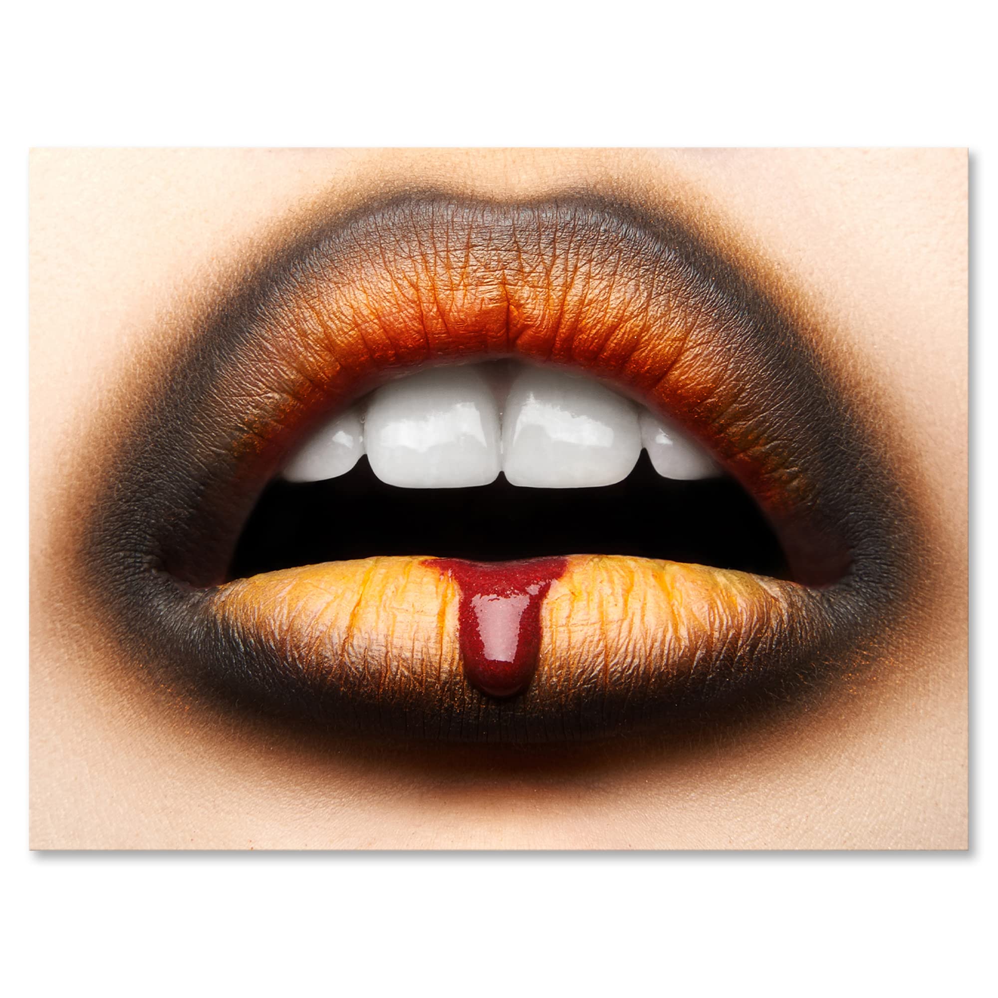 DesignQ Modern Canvas Wall Art - Black & Orange Lipstick Female Lips Painting for Living Room, Bedroom & Office Decor