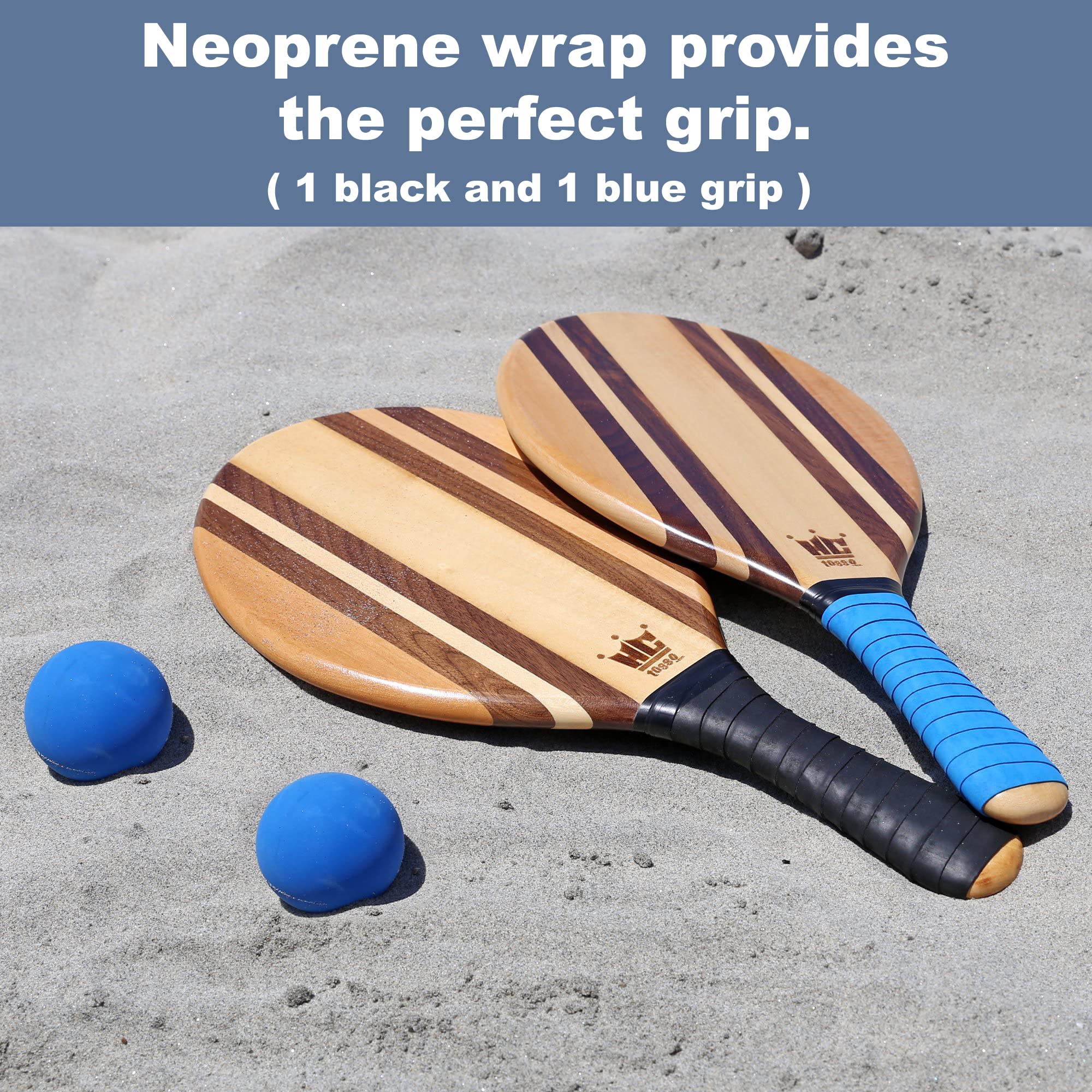 Premium Frescobol Paddle Ball Set - 2 Wooden Paddles, 2 Rubber Balls & Canvas Carry Bag for Beach, Backyard & Outdoor Games - Classic Striped Design for Summer Fun