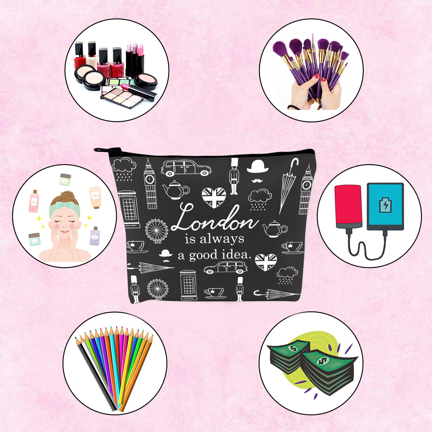 London City Skyline Zipper Pouch Makeup Bag - Travel Cosmetic Organizer for Women, Perfect for Toiletries & Accessories | London Themed Gift Idea (Black)