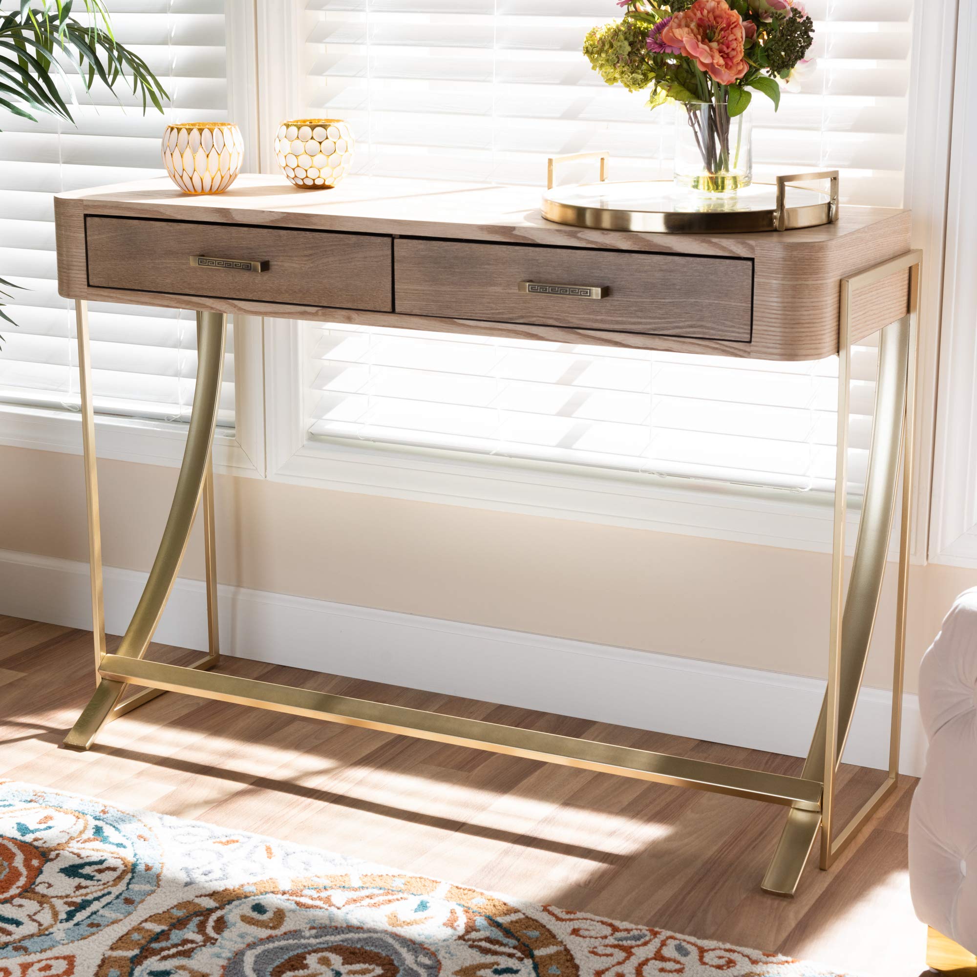 Baxton Studio Modern Console Table - Natural Brown & Gold Finish - Entryway Sofa Table for Living Room, Hallway, or Bedroom Decor