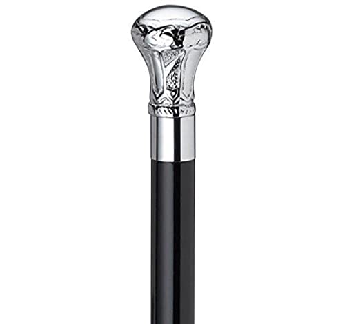 Chrome Plated Brass Knob Walking Cane - 36 Inch Victorian Style Wooden Shaft with Chrome/Black Handmade Handle - Elegant Walking Stick for Seniors & Fashion Accessory for Outdoor Activities, Hiking & Formal Events