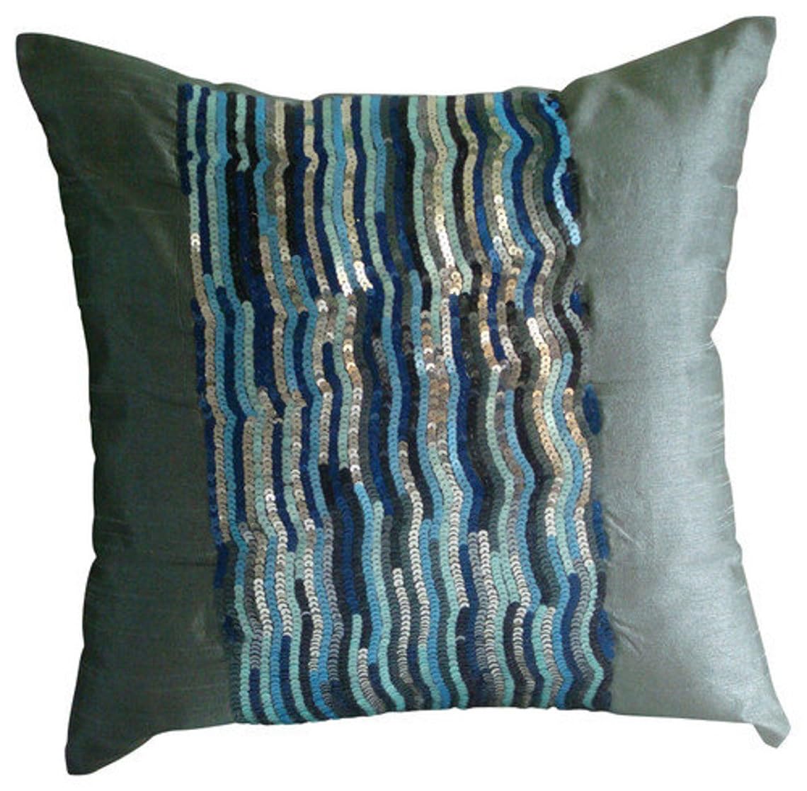 Luxury Gray Sequins Sparkly Glitter Throw Pillow Covers 20x20 inch (50x50 cm) - Silver Blue Jazz Striped Modern Square Silk Pillow Case for Sofa, Bed, Couch & Home Decor