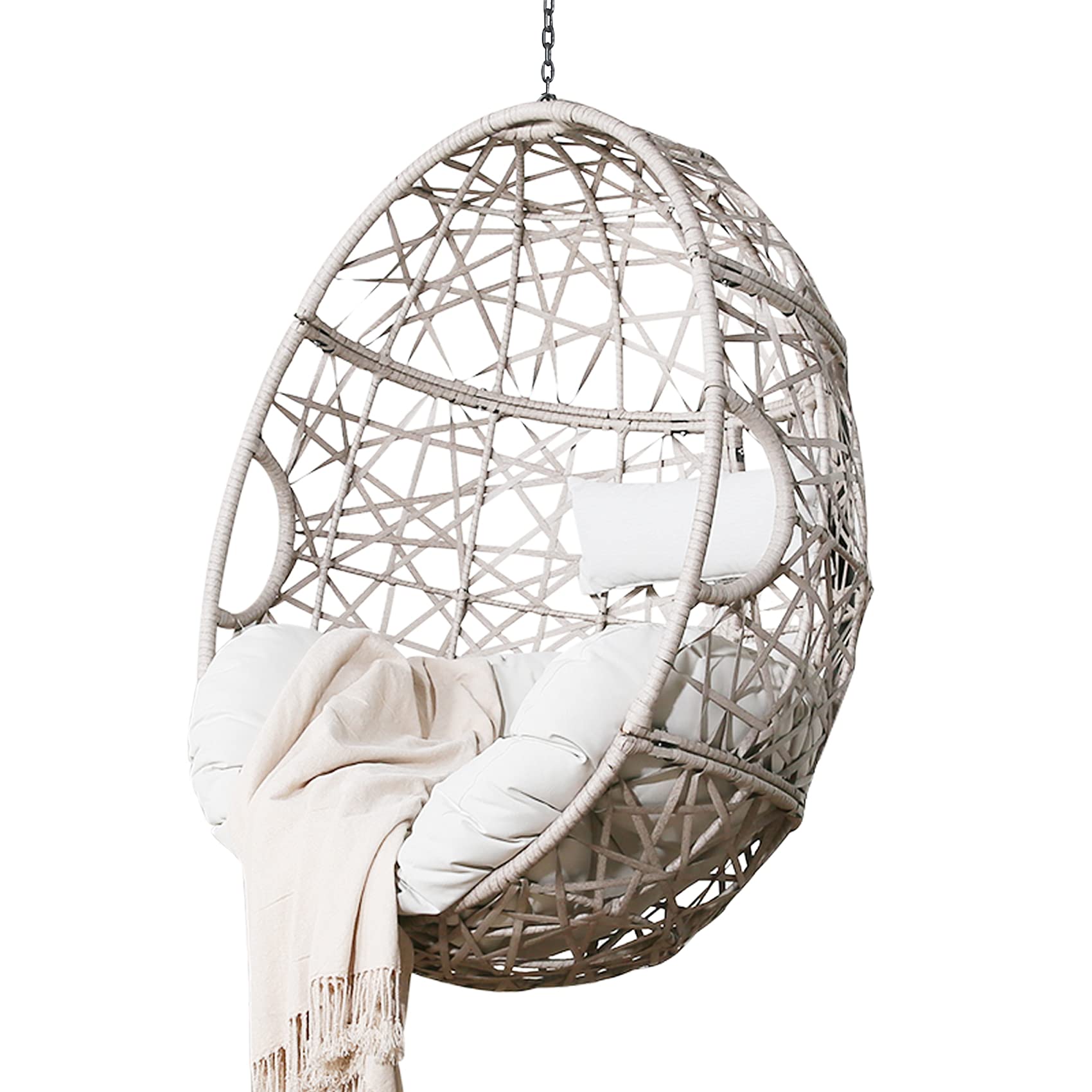 Ulax Outdoor Patio Hanging Egg Chair - Wicker Swing Chair with Cushion, Beige Tear Drop Design - Perfect for Garden, Balcony & Backyard Relaxation