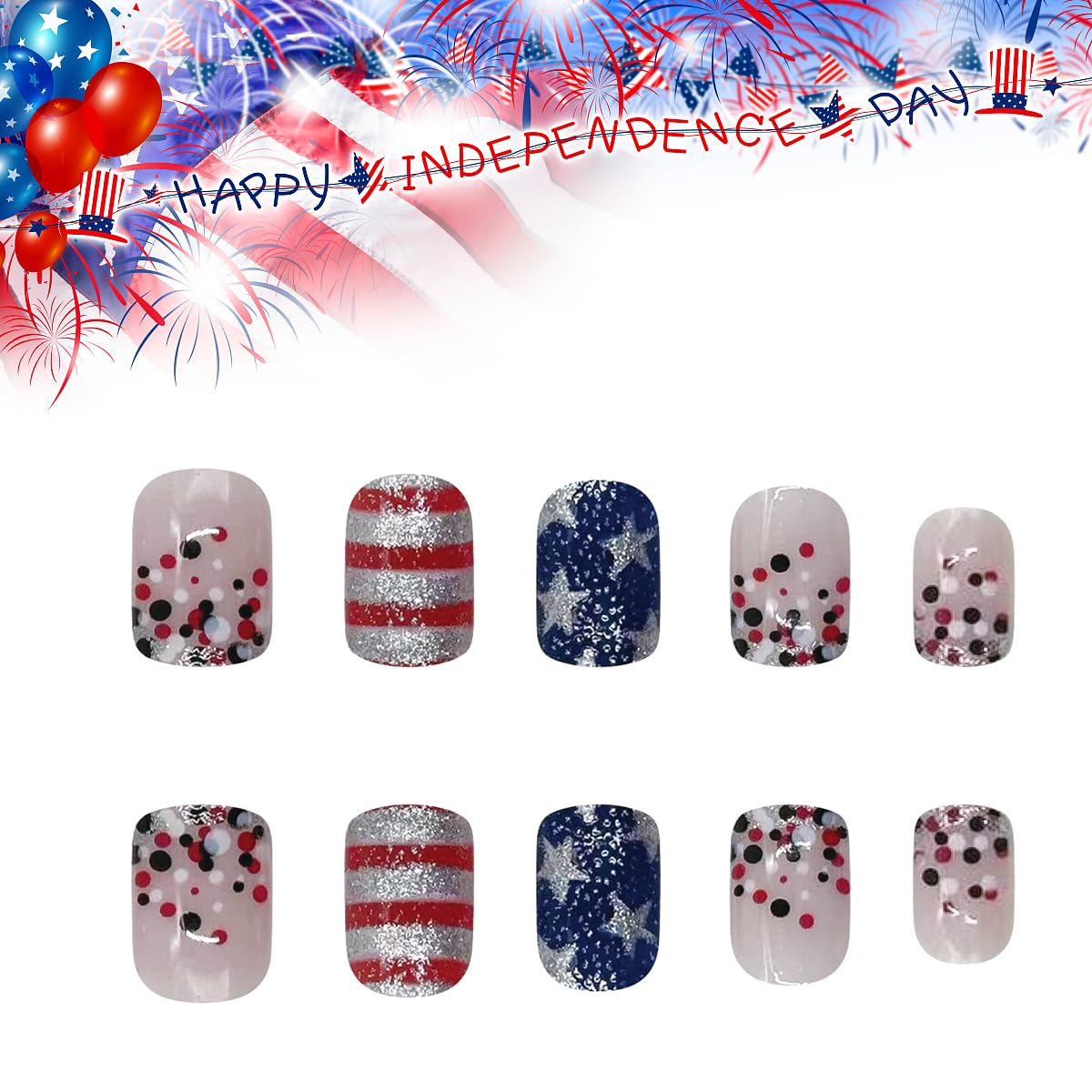 4th of July Press on Nails - Short Square Glitter Acrylic Fake Nails with Patriotic Star Stripe Design | 24Pcs DIY Independence Day False Nails for Women | Perfect for Parties, Celebrations & Nail Art