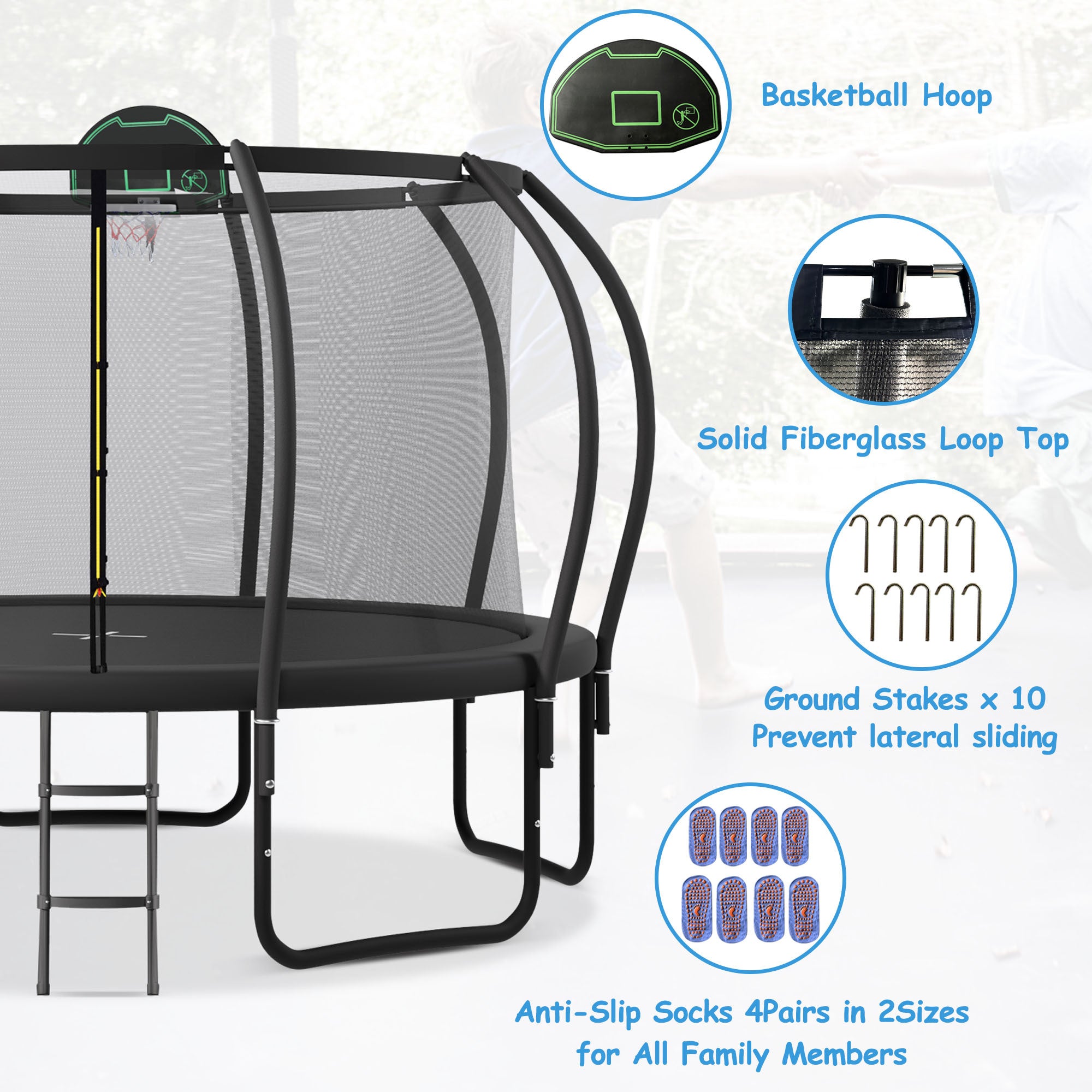 12FT Kids Trampoline with Safety Enclosure - Upgraded ArcPole & Composite TopLoop, Includes Basketball Hoop & 10 Ground Stakes | Outdoor Backyard Play Equipment for Physical Exercise & Family Fun | Perfect for Birthday Gifts, Garden Activities & Kids Fitness Training