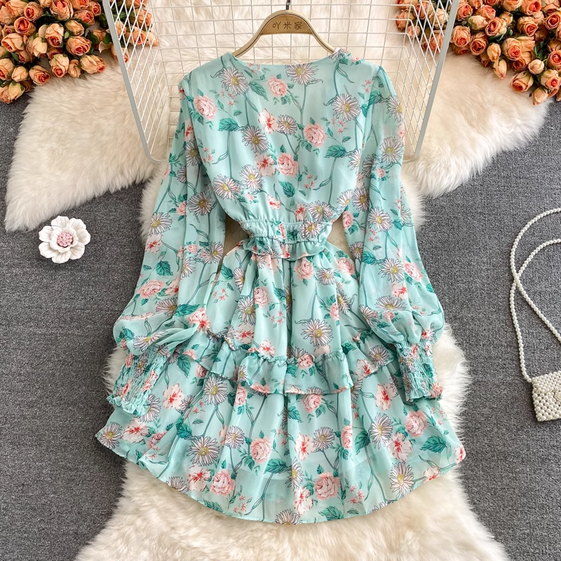 Fairy French V-Neck Ruffle Skirt Floral Chiffon Dress - Elegant Summer Party Dress for Women, Perfect for Weddings, Garden Parties & Date Nights