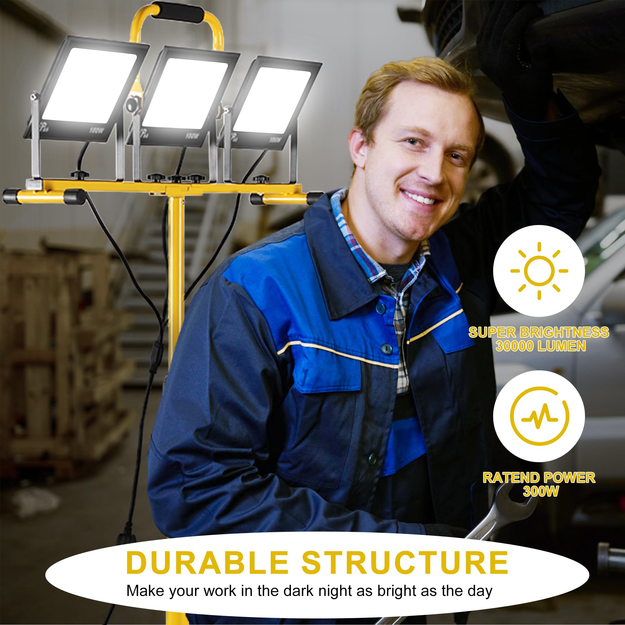 30000 Lumen LED Work Light with Adjustable Tripod Stand - 3 Head Waterproof Workshop Light, 6500K Daylight White for Construction, Garage, Outdoor Repair & Emergency Lighting
