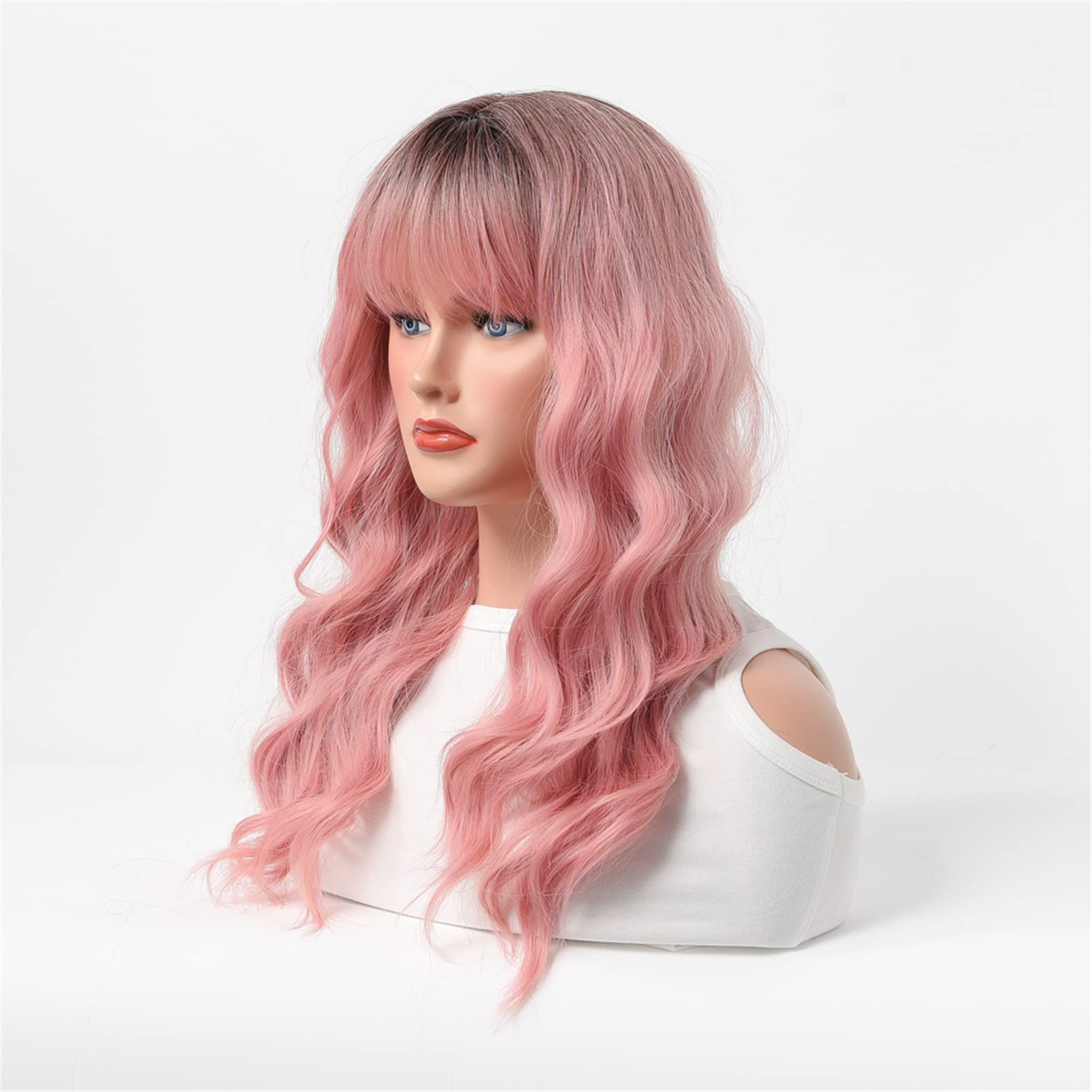 Heat Resistant Synthetic Wavy Hair with Flat Straight Bangs - Perfect for Cosplay, Costumes & Everyday Styling