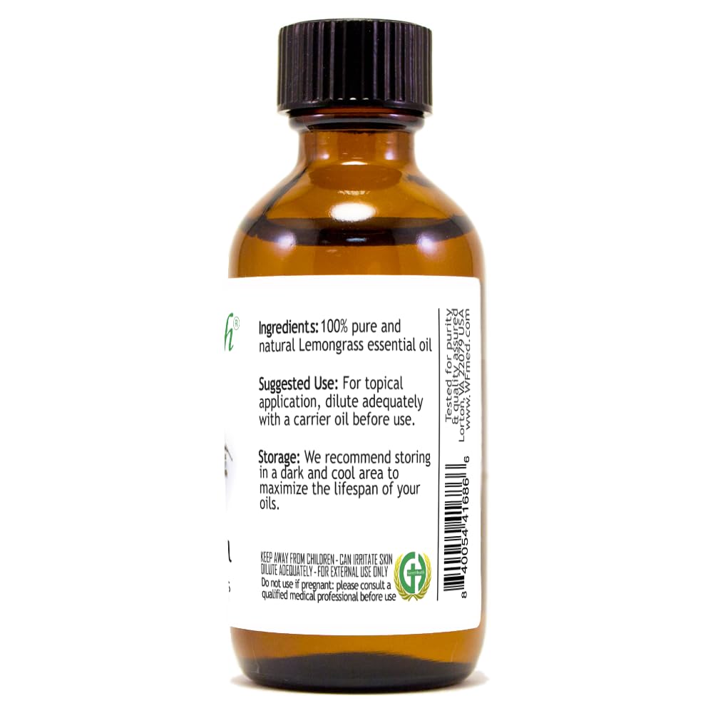 100% Pure Lemongrass Essential Oil - 2 fl oz (59 ml) Glass Bottle with Dropper Cap - Aromatherapy, Diffuser, Massage & DIY Skincare - GreenHealth Brand