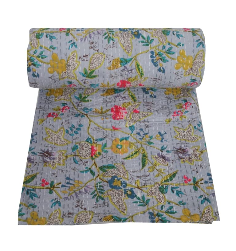 Handmade Indian Kantha Quilt - 100% Cotton Soft Block Print Blanket | Queen Size 90x108 Inch Grey Throw | Bedspread for Bedroom & Home Decor | Perfect for Cozy Nights, Guest Rooms & Boho Chic Interiors