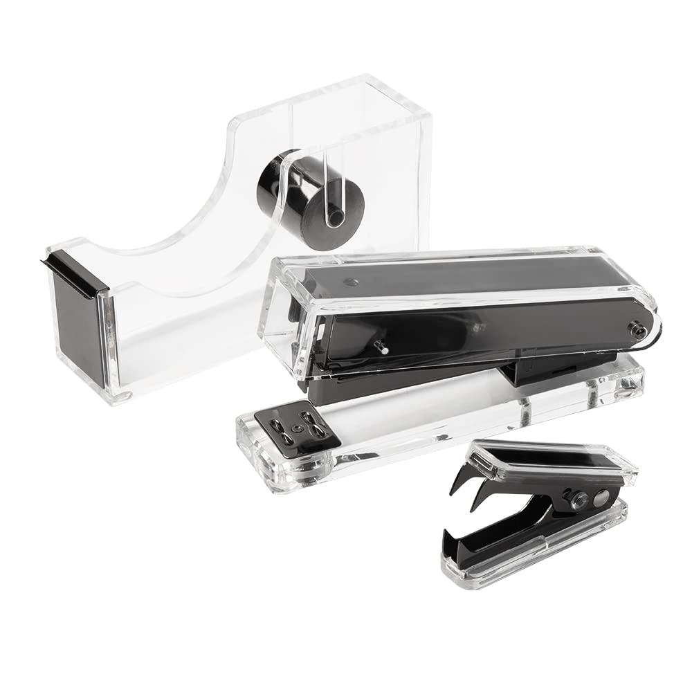 Clear Acrylic Black Stapler with Staples Remover & Tape Dispenser - 3-in-1 Office Desk Organizer Set for Executive Stationery, Manual Desktop Accessories - Perfect for Home Office, School, and Workplace Organization