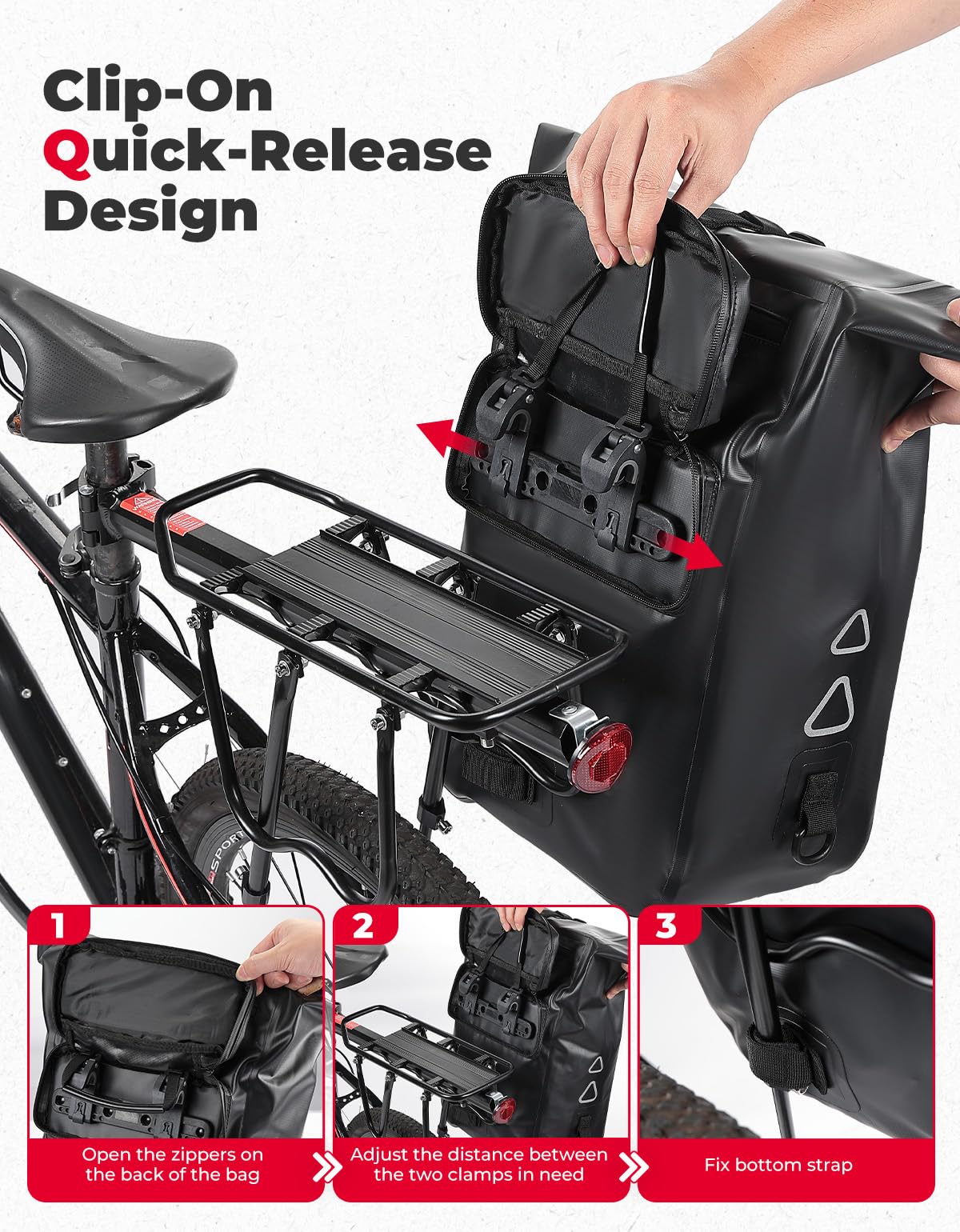 KEMIMOTO 30L Waterproof Bike Panniers Bag - Reflective Bicycle Rear Rack Pannier Backpack for Cycling, Commuting & Travel | Durable Black Bike Bag for Daily Use, Adventure Tours & Urban Riding