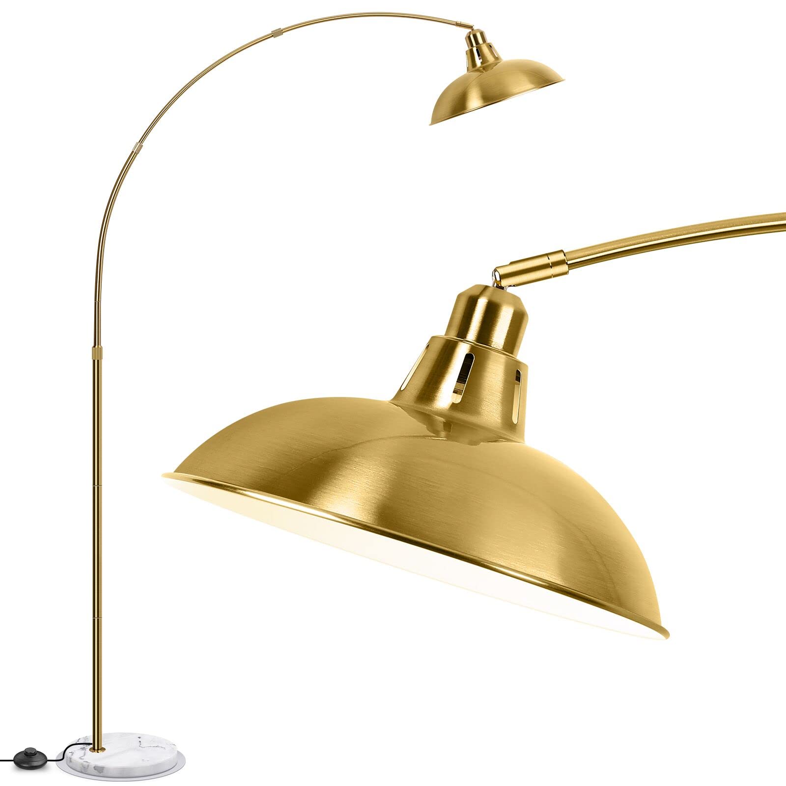 Vintage Gold Brass Arc Floor Lamp - Mid Century Modern Standing Light with White Marble Base for Living Room, Bedroom & Study | Adjustable Arch Design for Reading Nook, Home Office & Lounge Areas