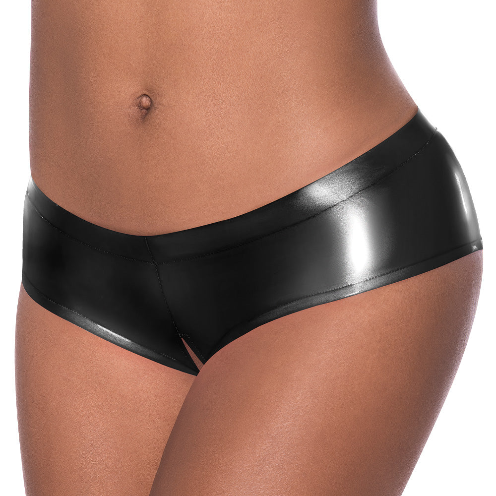 Sexy Wet Look Low Rise Split Crotch Boy Shorts - Women's Lingerie for Sensual Wear & Boudoir Photography