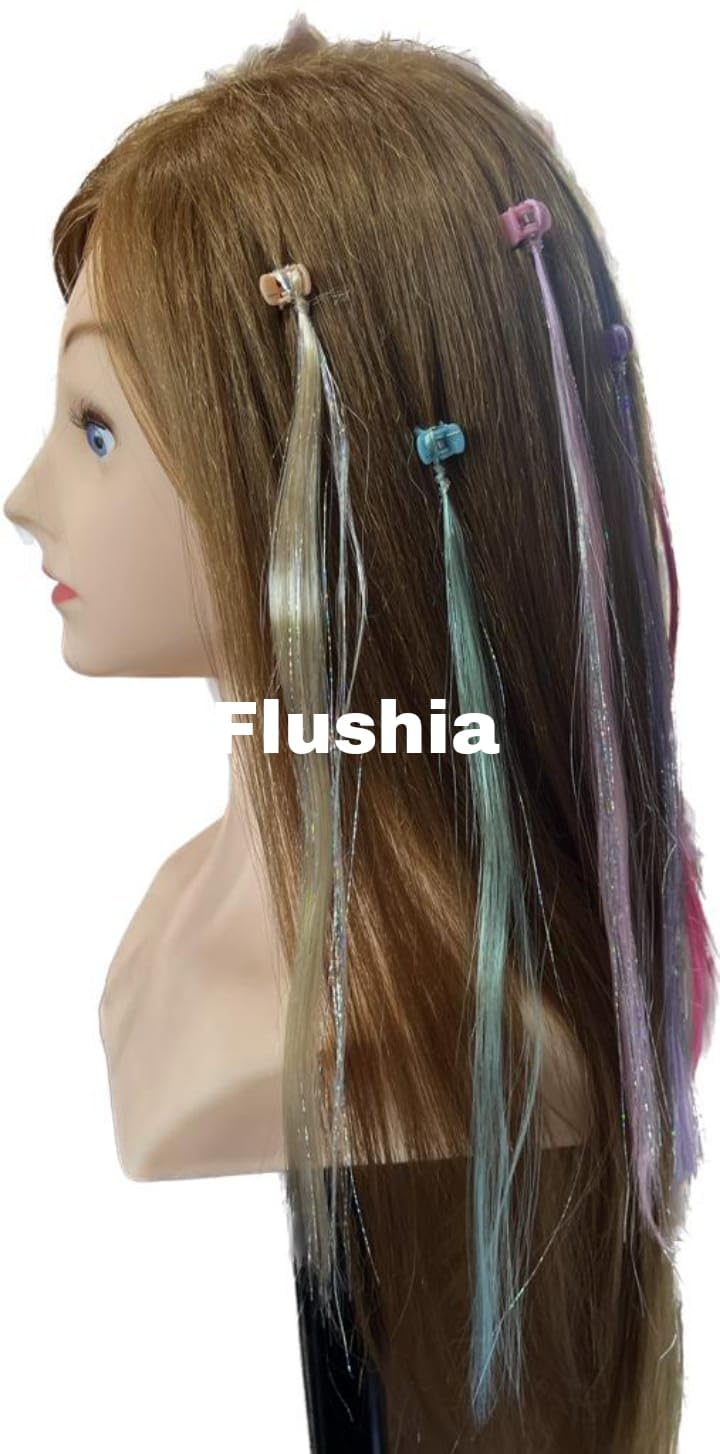 **Flushia® 6-Piece Hair Tinsel Set - 6 Colors, Fairy Glitter Hair Extensions for Girls & Kids | Shimmering Hair Highlights, Braid & Clip Accessories | Perfect for Parties, Halloween & Everyday Play**