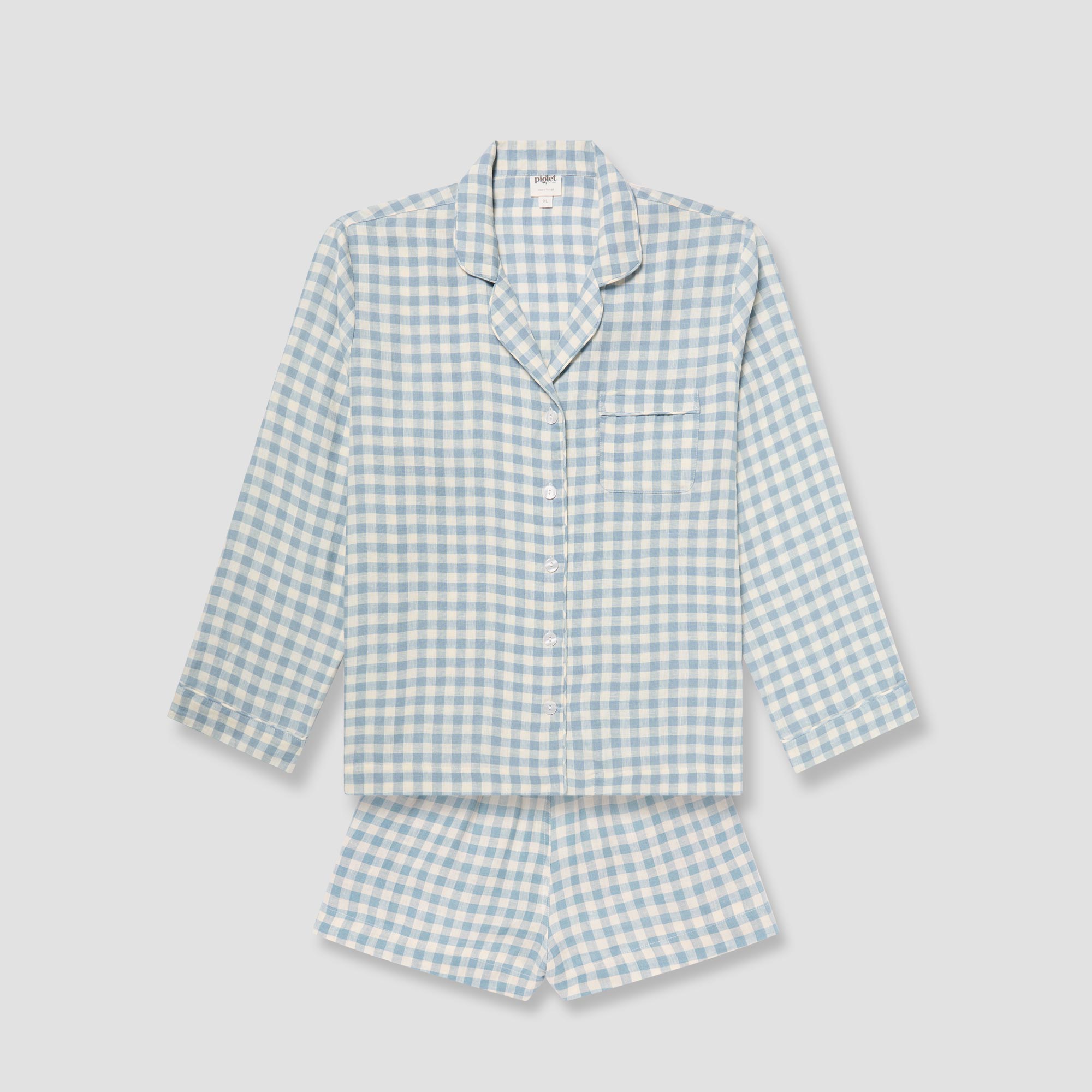 Cozy Blue Gingham Linen Pajama Shorts Set for Women - Soft Summer Sleepwear & Lounge Wear - Perfect for Bedtime, Relaxing at Home, and Vacation Comfort