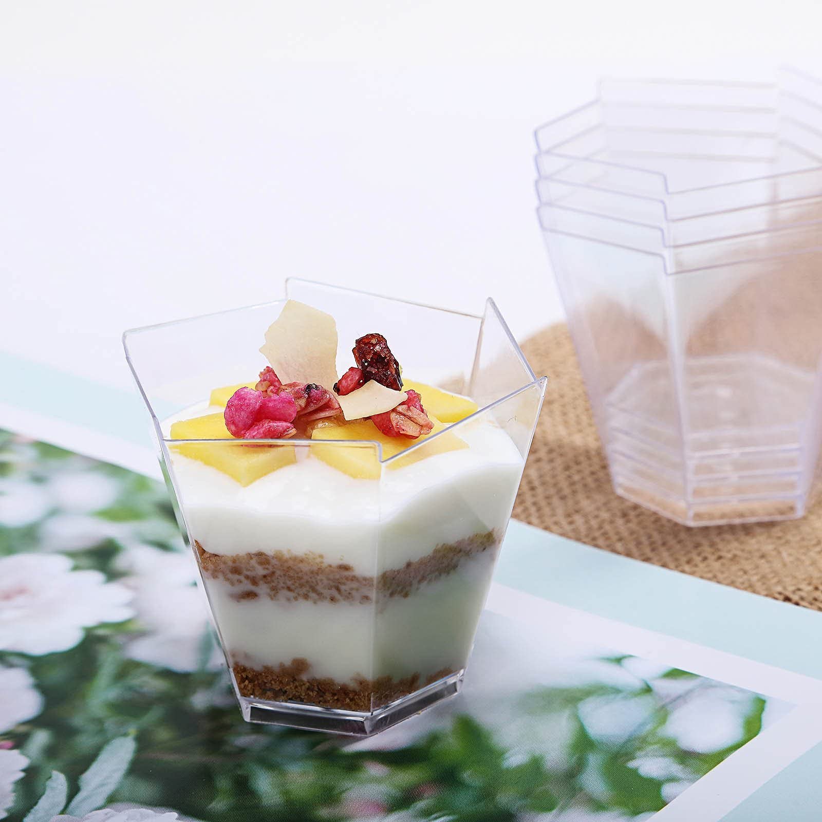 12 Pack 3 oz Clear Disposable Plastic Hexagon Dessert Cups - Balsa Wood Circle Design for Parties, Weddings, Baby Showers & Catering Events