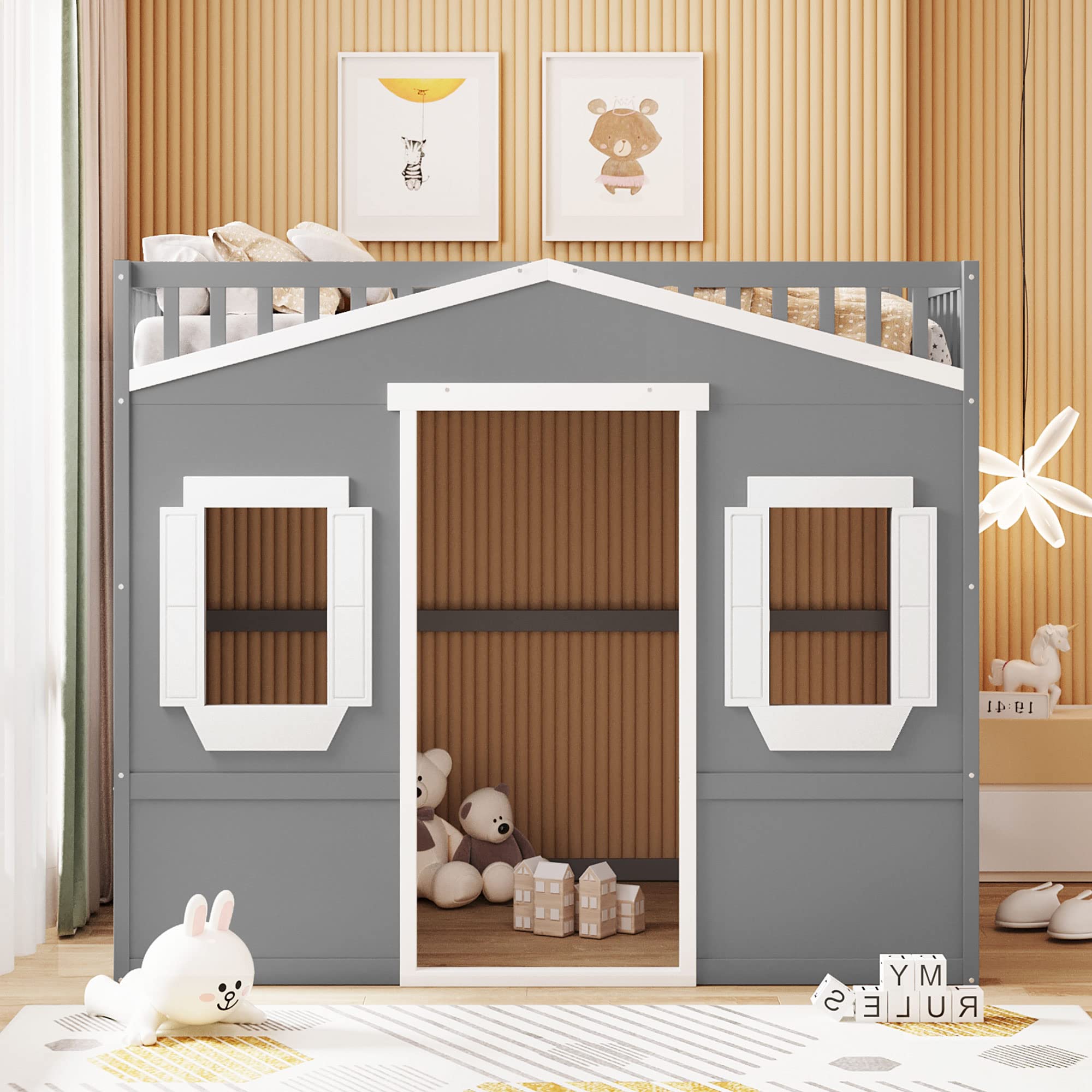 **Full Size Loft Bed with Safety Guardrail for Kids - Solid Wood Frame with Ladder & Windows - Sturdy Wood Slats Support - Space-Saving Design (Gray+White) - Perfect for Small Bedrooms, Kids' Rooms & Dormitories**