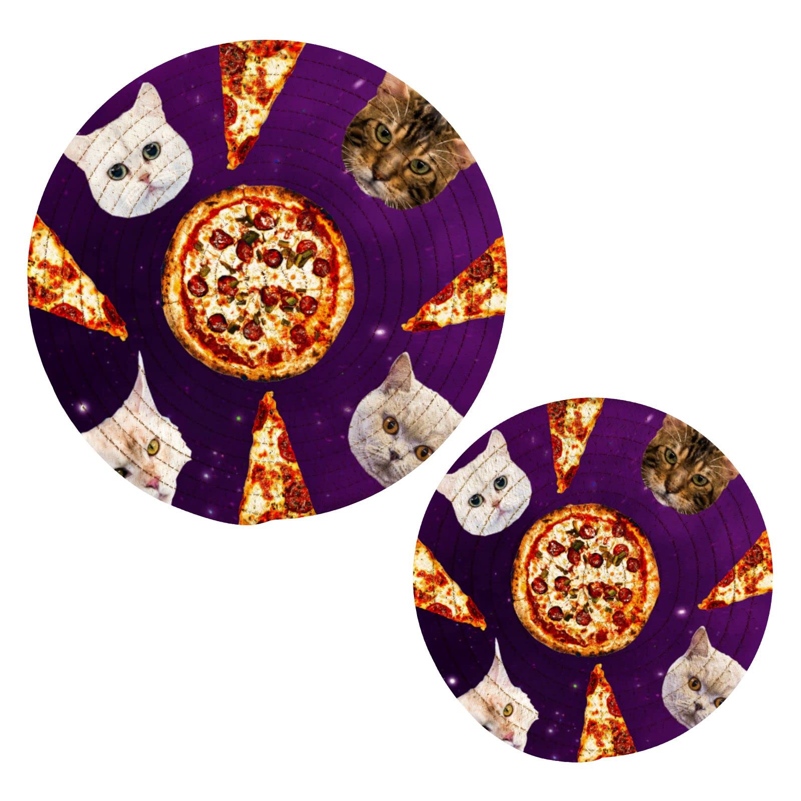 Space Cat Pizza Pot Holders Set of 2 - Heat Resistant Kitchen Trivets for Hot Pans, Bowls & Teapots - Thread Woven Oven Mitts for Cooking, Baking & Decor - Perfect for Pizza Nights & Space-Themed Kitchens