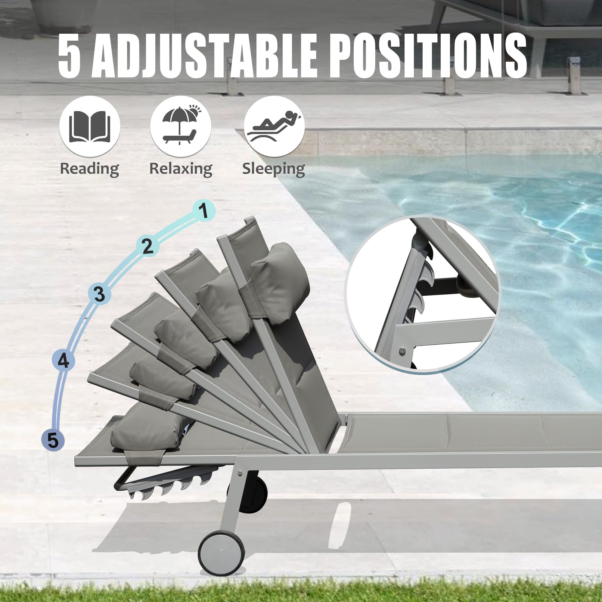 Domi 3-Piece Outdoor Chaise Lounge Set - Aluminum Pool Chairs with Wheels & Side Table for Poolside, Beach, Yard