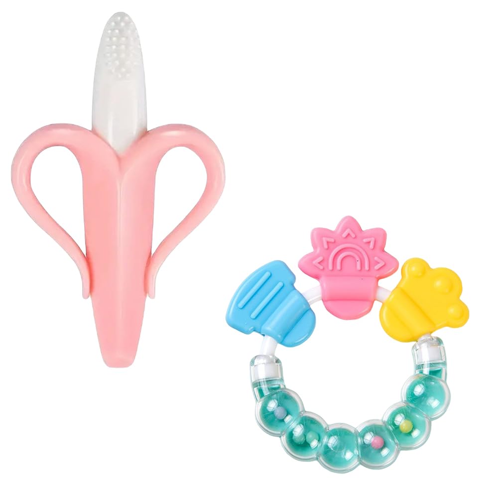 Kritiu Banana Shape Baby Brush & Rattle Teether Set - Soft Silicone Teething Toy for Infants | BPA-Free, Non-Toxic & Easy to Clean | Soothing Gums Relief | Perfect for Newborns & Toddlers (Peach & Green) - Ideal for Home, Travel & Daycare Use