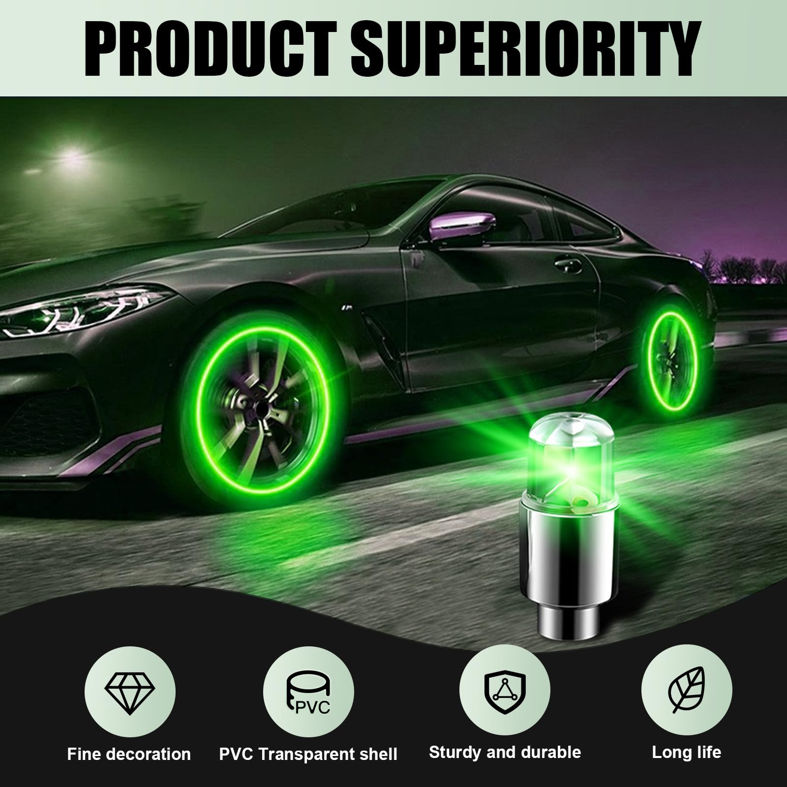 6 PCS Waterproof PVC Car Tire Lights - Universal LED Flash Light Bulb Replacement for Car, Truck, SUV, Motorcycle & Bike - Durable Metal Vehicle Tire Decoration Accessories (Green) - Perfect for Night Rides, Car Shows & Custom Vehicle Lighting