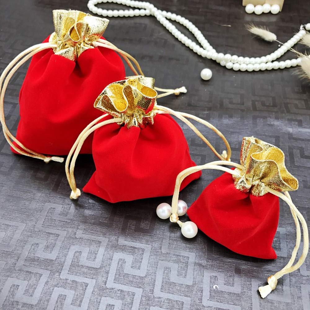 50PCs Soft Velvet Drawstring Pouches with Gold Trim - Jewelry Gift Bags for Wedding, Party Favors, Candy, Cosmetics & Small Keepsakes - Elegant Packaging for Special Occasions