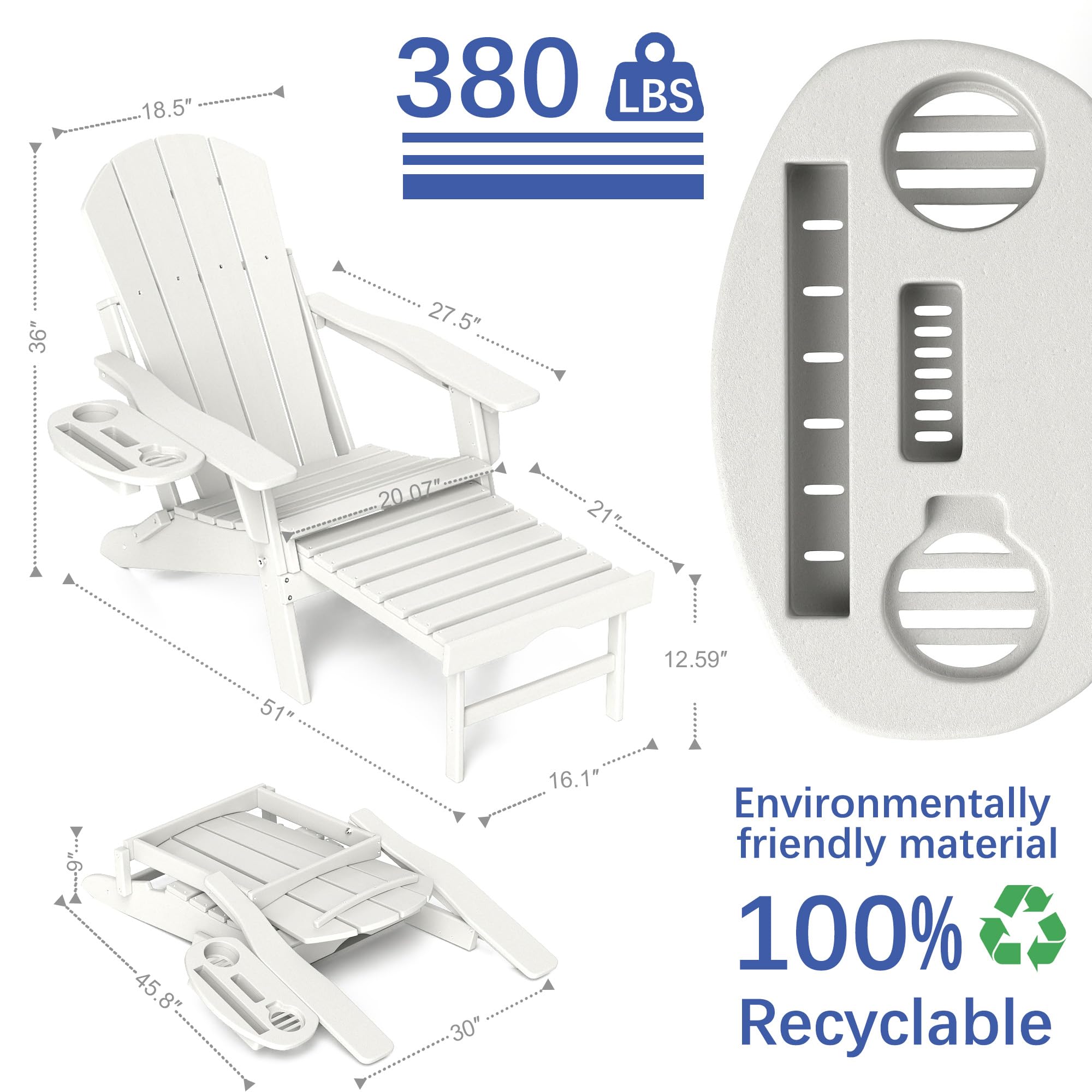 FOOWIN 2-Pack HDPE Folding Adirondack Chair with Retractable Ottoman & 4-in-1 Cup Holder - All-Weather Resistant Outdoor Patio Furniture for Backyard, Garden, Poolside & Camping Fire Pit Relaxation
