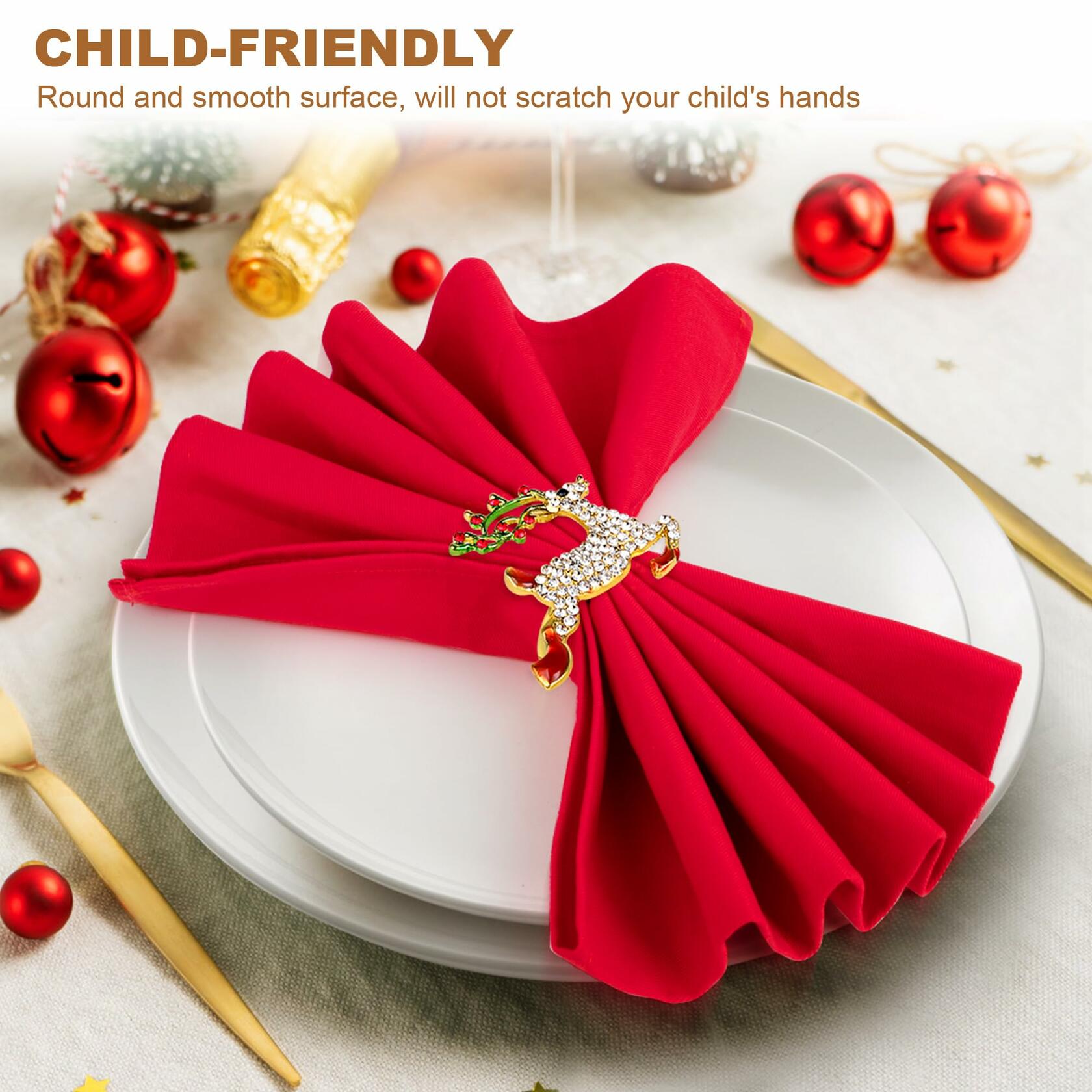 12-Pack Gold Christmas Napkin Rings with Rhinestones - Elegant Holiday Table Decor for Christmas Dinner, Party & Wedding Decorations